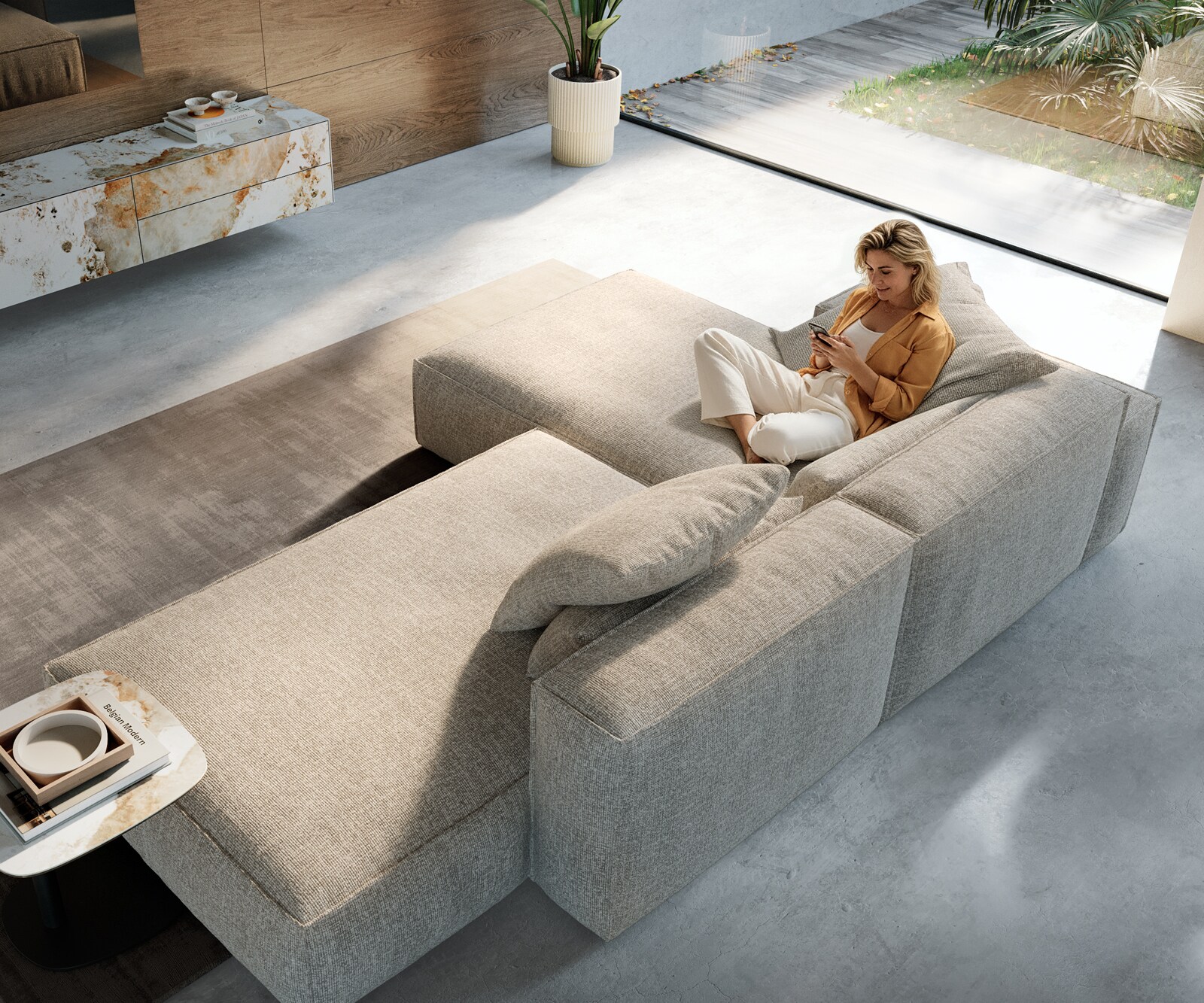 Ecksofa Freestyle 310x200 cm Webstoff Soft Beige Kedernaht 1