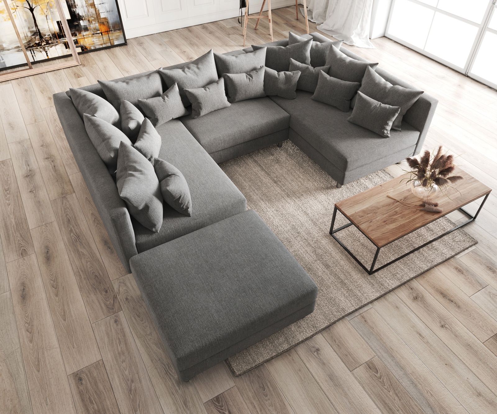 Canapé-panoramique modulable Clovis gris salon tissu plat tabouret   3 Canapé-panoramique modulable Clovis gris salon tissu plat tabouret   3