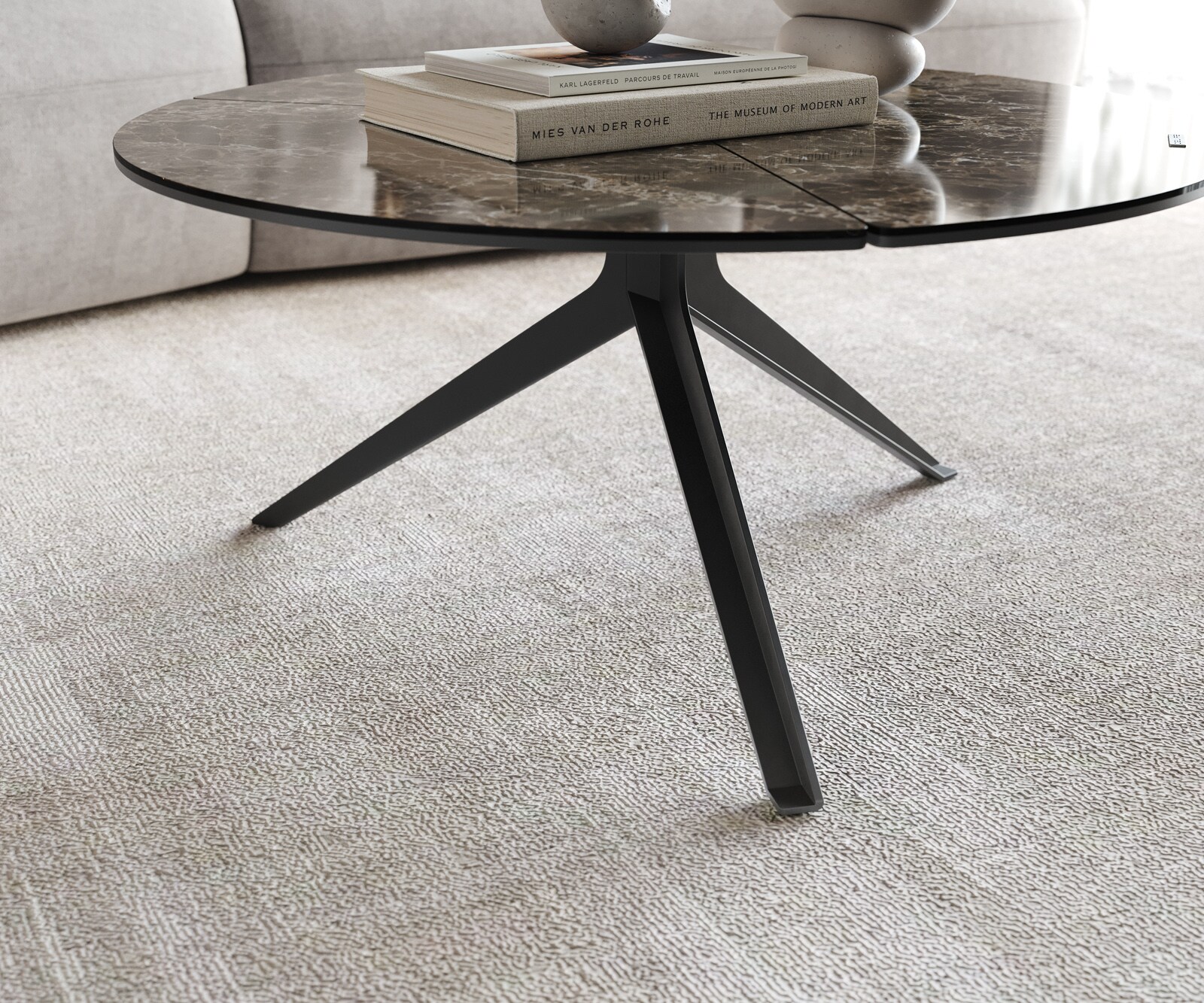 Couchtisch Delron 70x70 cm Keramik Emperador Extra Lucidato Dunkelbraun Kreuzfuß Flach Metall Schwarz 5