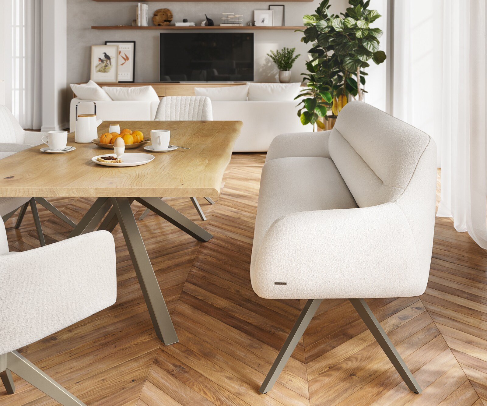 Banc-de-salle-à-manger Taya-Flex 200 cm bouclé crème-blanc pied croisé angulaire titane ressort ensaché 2