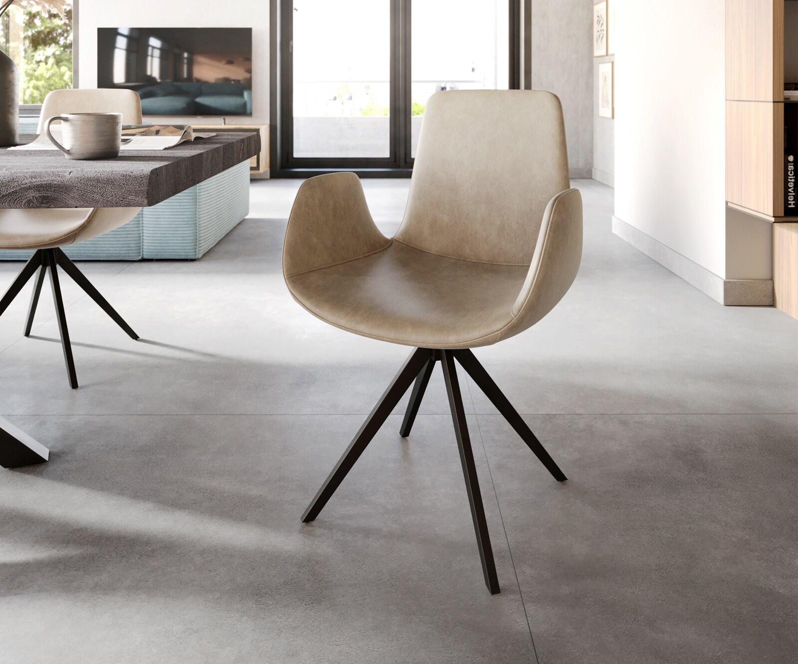 Esszimmerstuhl Ilia-Flex mit Armlehnen Mikrofaser Beige Vintage Kreuzgestell kantig Schwarz Esszimmerstuhl Ilia-Flex mit Armlehnen Mikrofaser Beige Vintage Kreuzgestell kantig Schwarz