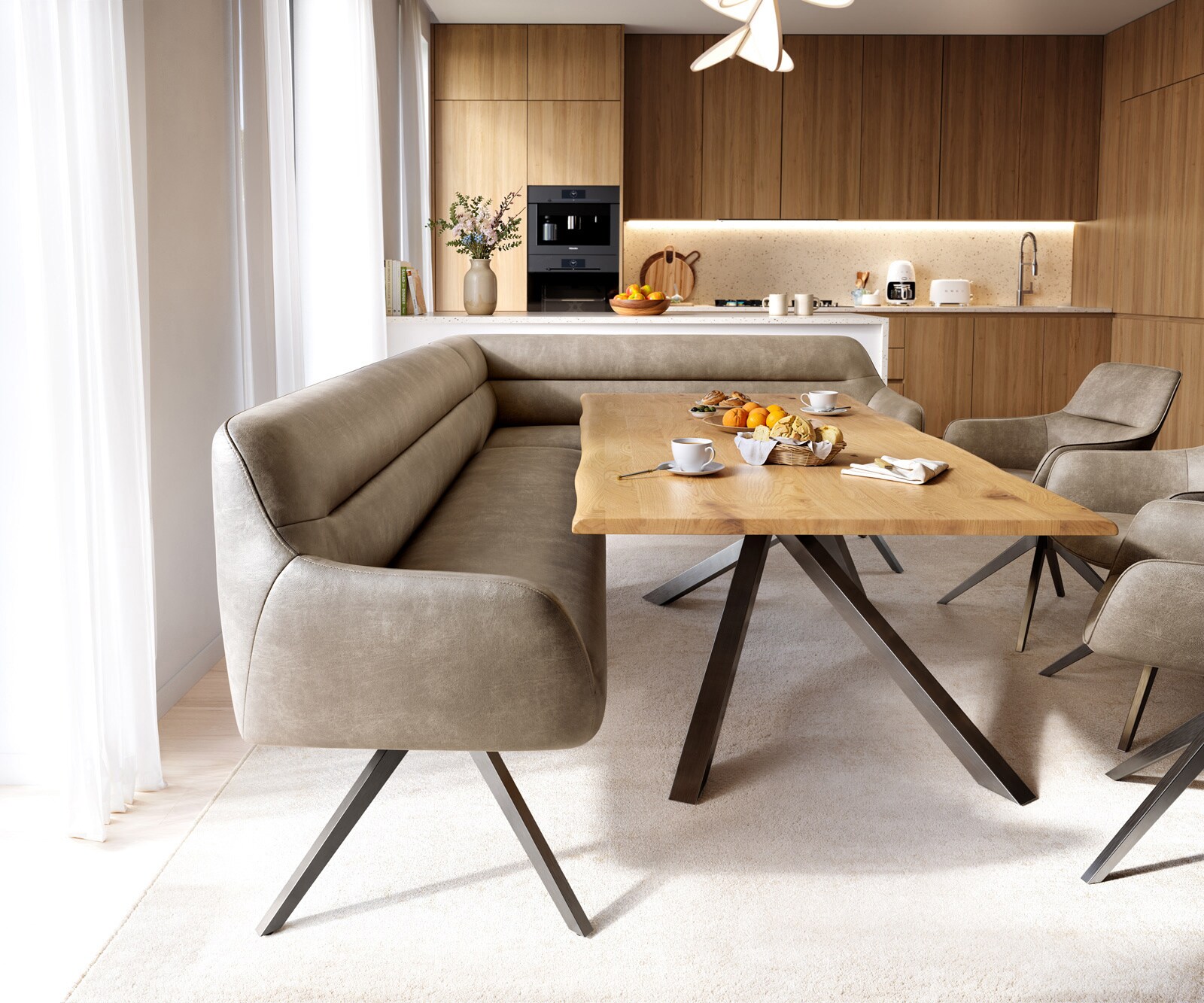 Banc-de-salle-à-manger Taya-Flex 285x190 cm microfibre beige vintage pied croisé angulaire grafiete ressort ensaché liens 2