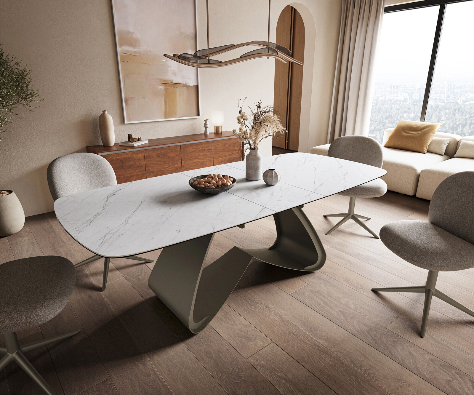 Esstisch Edge Boot 180-220x100 cm Keramik Laminam® Statuarietto Weiß W-Gestell Metall Effektfinish Titan ausziehbar
