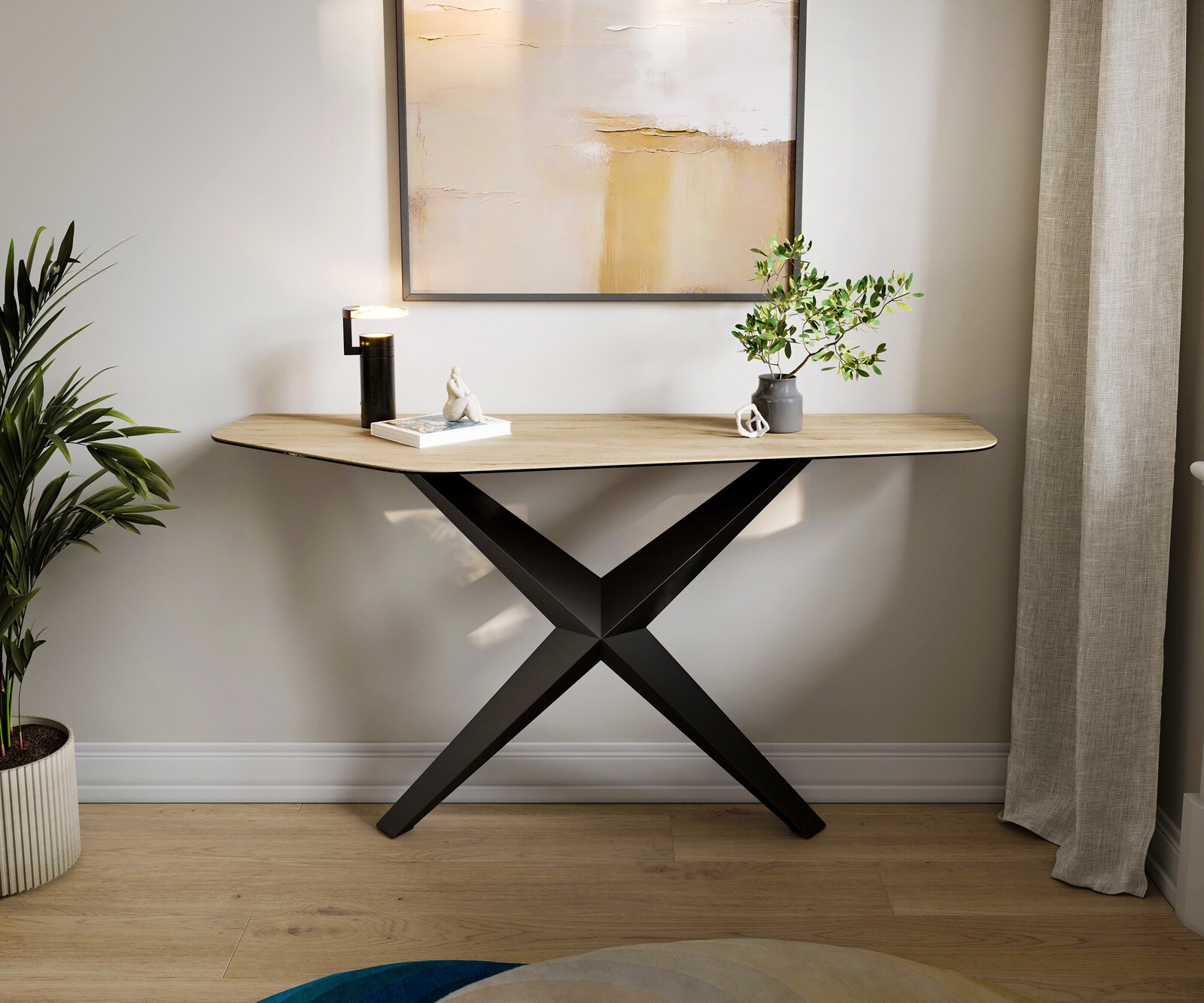 Konsolentisch Edge Polygonal 140x50 cm Keramik Laminam® Sabbia Eichefarbig Zentharo Metall Schwarz