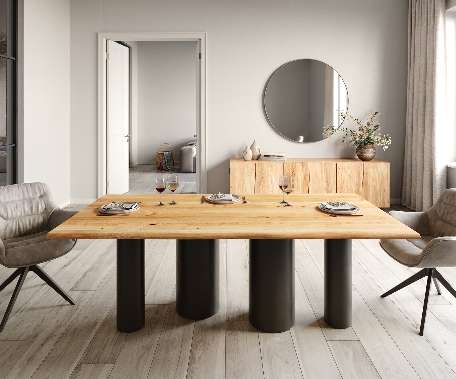 Table à manger Edge 200x100x2,5-3 chêne naturee Pilier métal noir Live-Edge 2