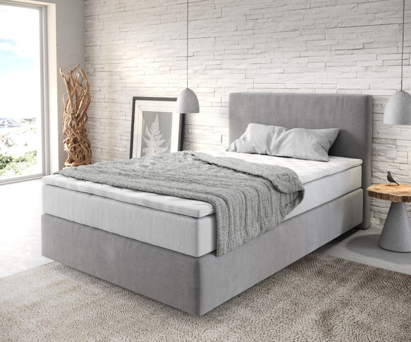 Boxspringbett Dream-Well 120x200 cm Mikrofaser Grau mit TFK Matratze und Visco Topper 1