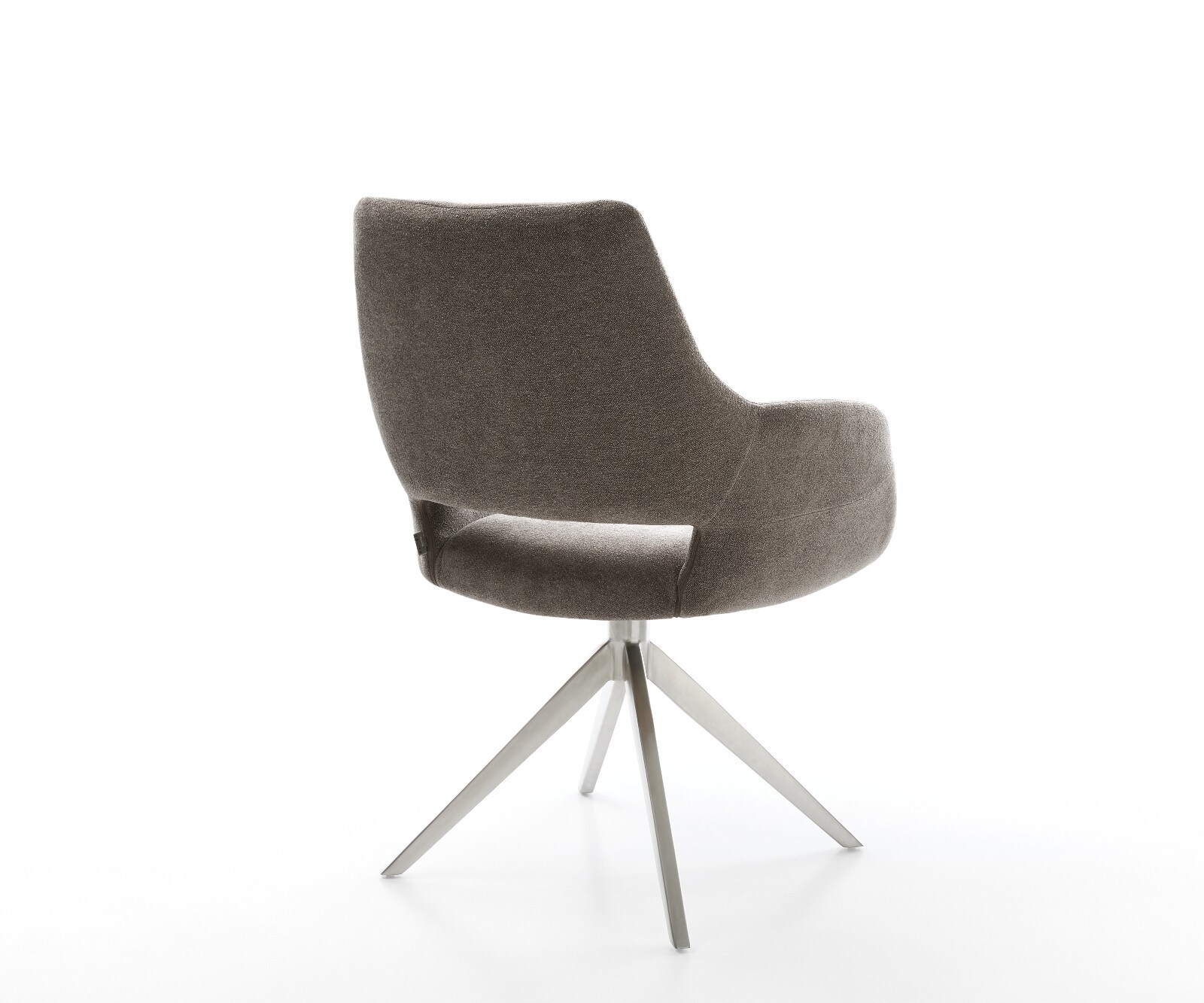 Chaise-pivotante Yago-Flex avec accoudoirs tissu structuré doux taupe pied croisé large acier inoxydable pivotement sur 360° fonction bascule ressorts ensachés 3