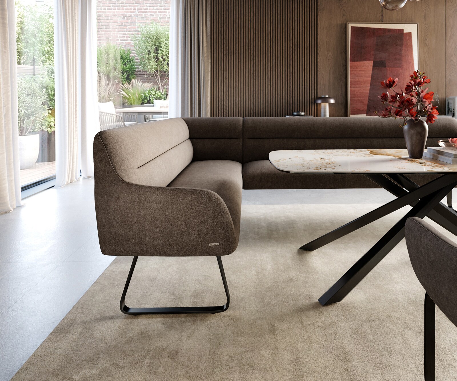 Esszimmerbank Taya-Flex 285x190 cm Strukturstoff Soft Taupe Kufengestell flach Schwarz Taschenfederkern Rechts 4
