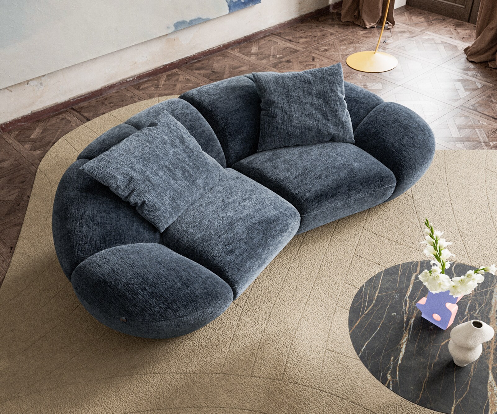 Grand canapé Lunna 360x175 cm chenille bleu 2 coussins 1