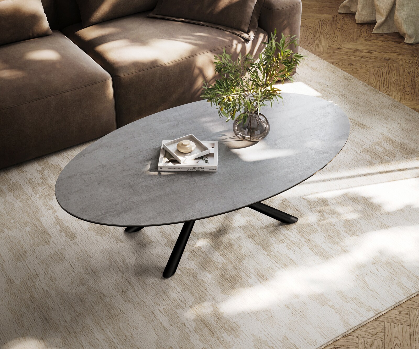 Table basse Edge ovale 140x80 cm céramique béton gris Sarity métal noir 3