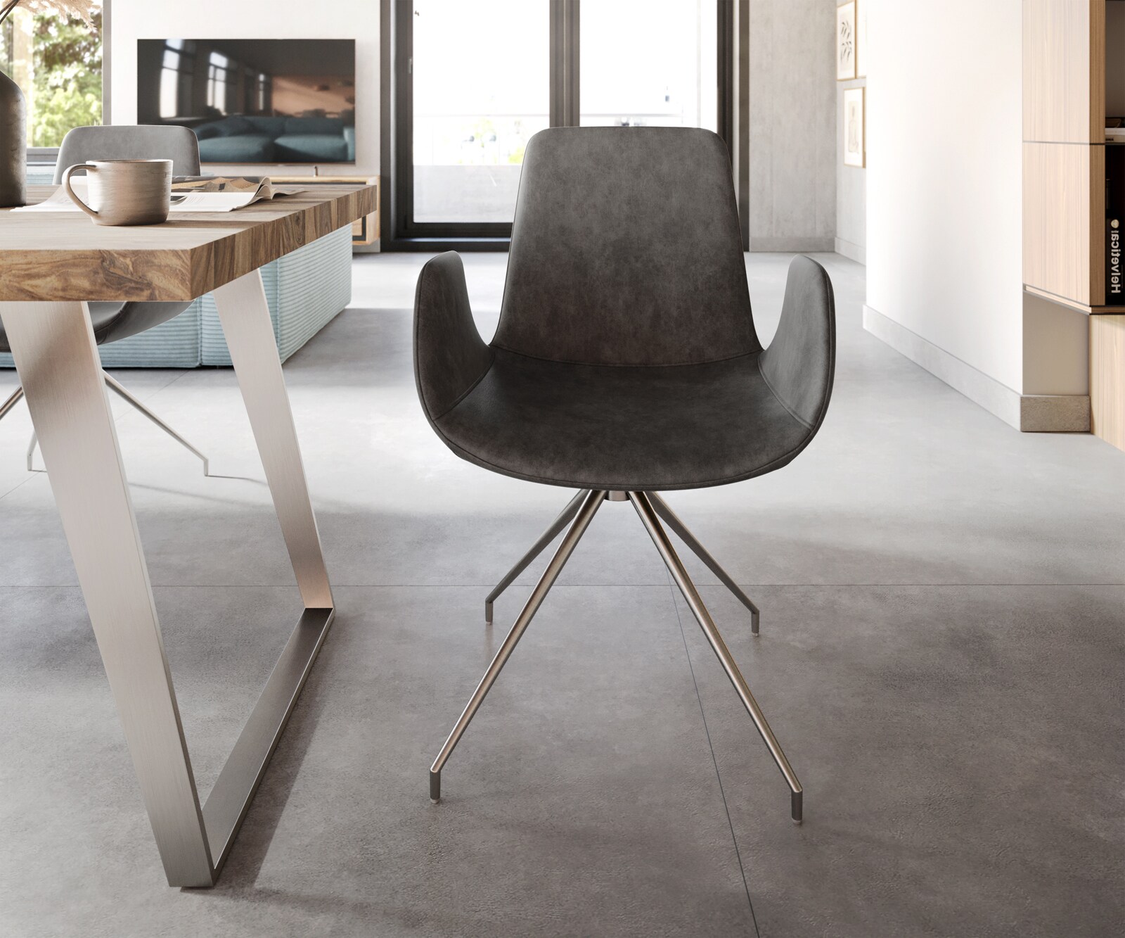 Esszimmerstuhl Ilia-Flex mit Armlehnen Mikrofaser Anthrazit Vintage Kreuzgestell konisch Edelstahl 1 Esszimmerstuhl Ilia-Flex mit Armlehnen Mikrofaser Anthrazit Vintage Kreuzgestell konisch Edelstahl 1