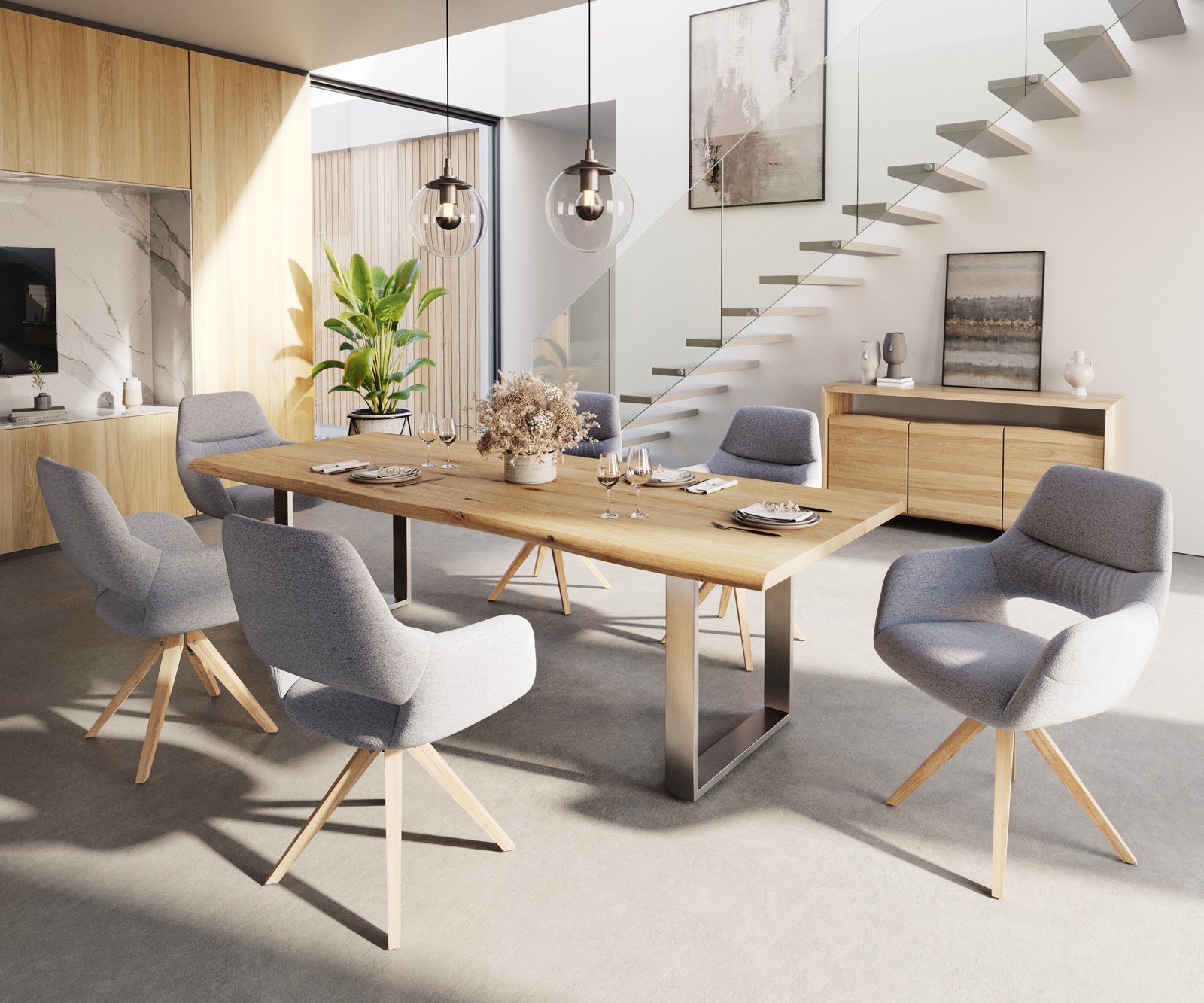 Esszimmerstuhl Yago-Flex mit Armlehnen Strukturstoff Hellgrau Holzgestell kantig Natur Taschenfederkern 3 Esszimmerstuhl Yago-Flex mit Armlehnen Strukturstoff Hellgrau Holzgestell kantig Natur Taschenfederkern 3