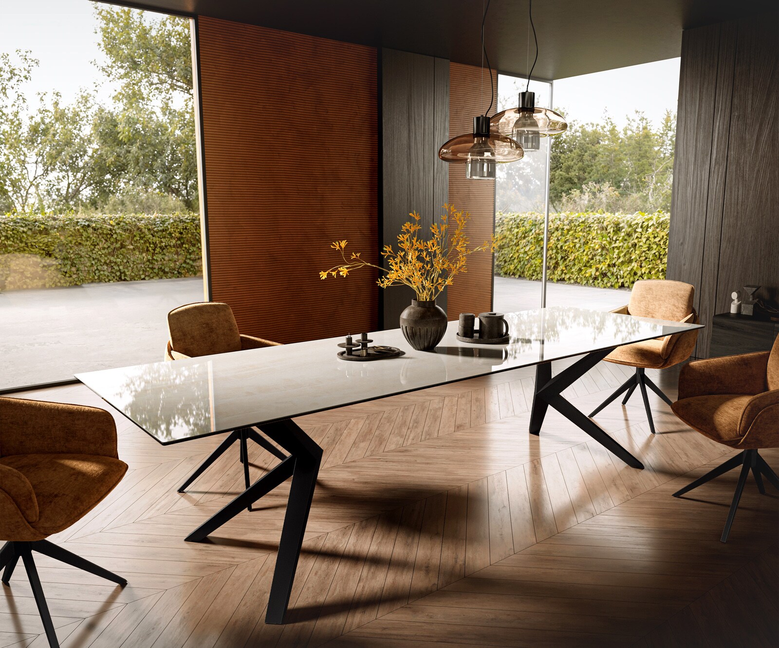 Table à manger Edge 300x100 cm céramique Onyx Champagne Zenthara angulaire métal noir 1