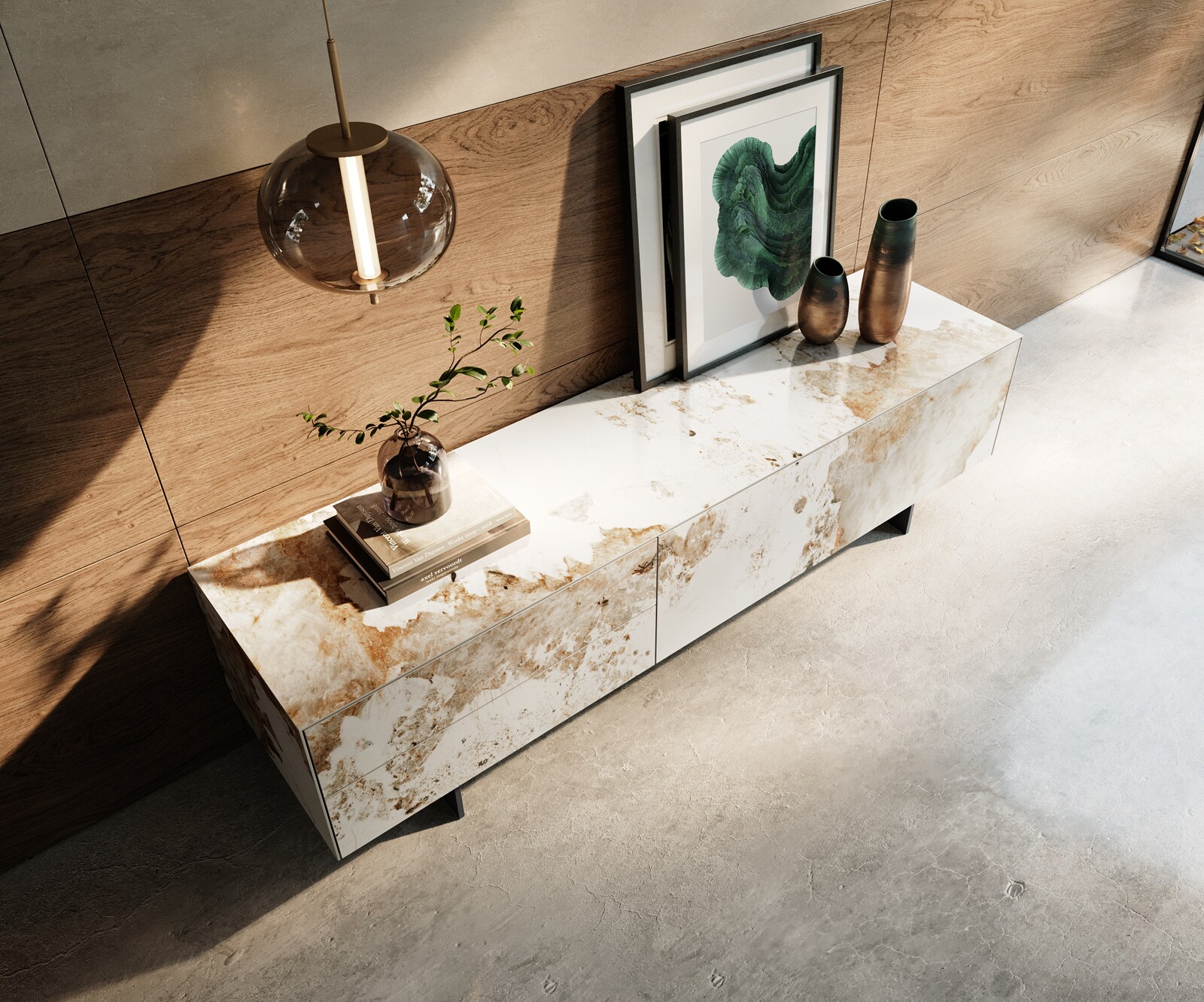 Meuble-TV Cuor 180 cm Céramique Minas Melange Blanc-beige 1 Clapet 2 Tiroirs Pied optique flottant Métal Noir 4