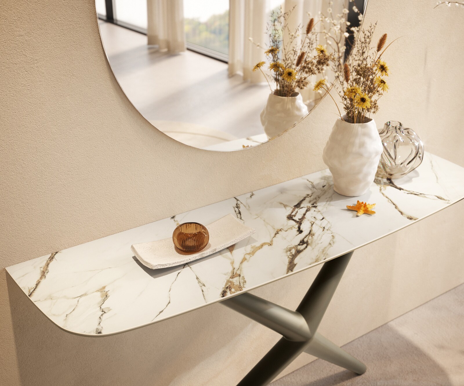 Console Edge forme bateau 140x40 cm Céramique Calacatta Luxe Weiß-Gold-Gris Estelo Métal Effektfinish Titan 5