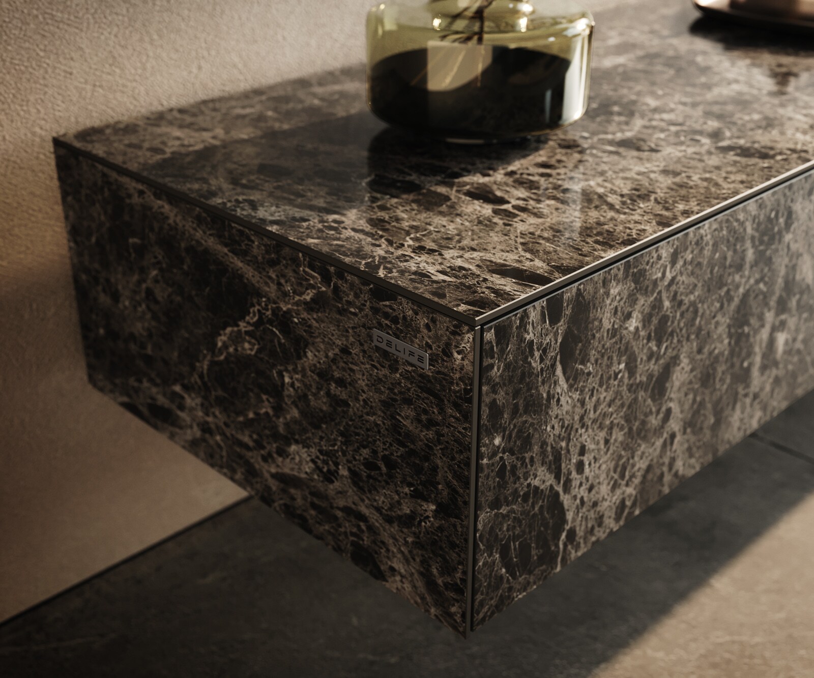 Lowboard Cuor 250 cm Keramik Laminam® Emperador Extra Lucidato Dunkelbraun 1 Klappe 1 Schubfach Schwebend 5
