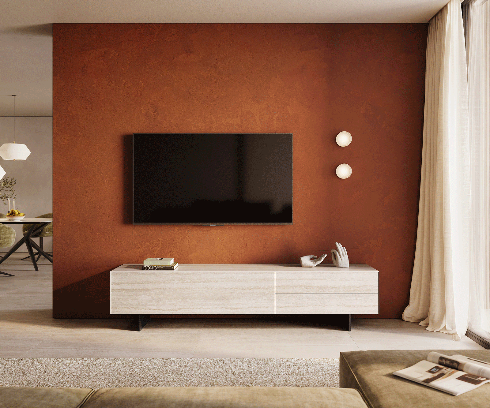 Lowboard Cuor 220 cm Keramik Laminam® Travertino Bianco Creme-Weiß 1 Klappe 2 Schubfächer Fuß Schwebeoptik Metall Schwarz 2