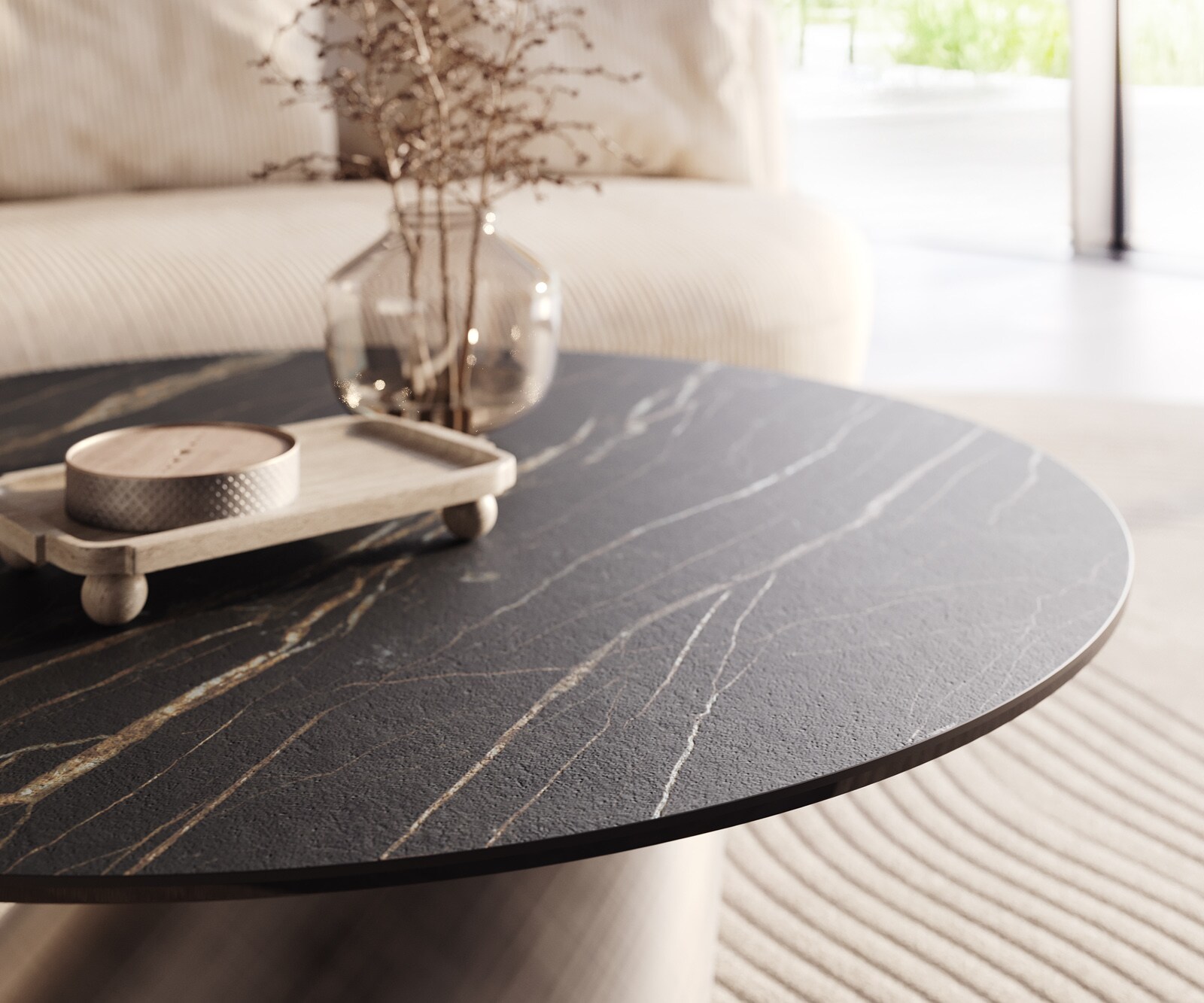Table basse Edge rond 100x100 cm céramique Laminam® Noir Desir brun Conis argent métallique 4