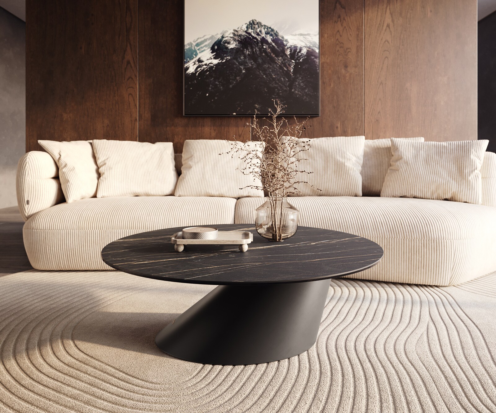 Table basse Edge rond 100x100 cm céramique Laminam® Noir Desir brun Conis métal noir 5