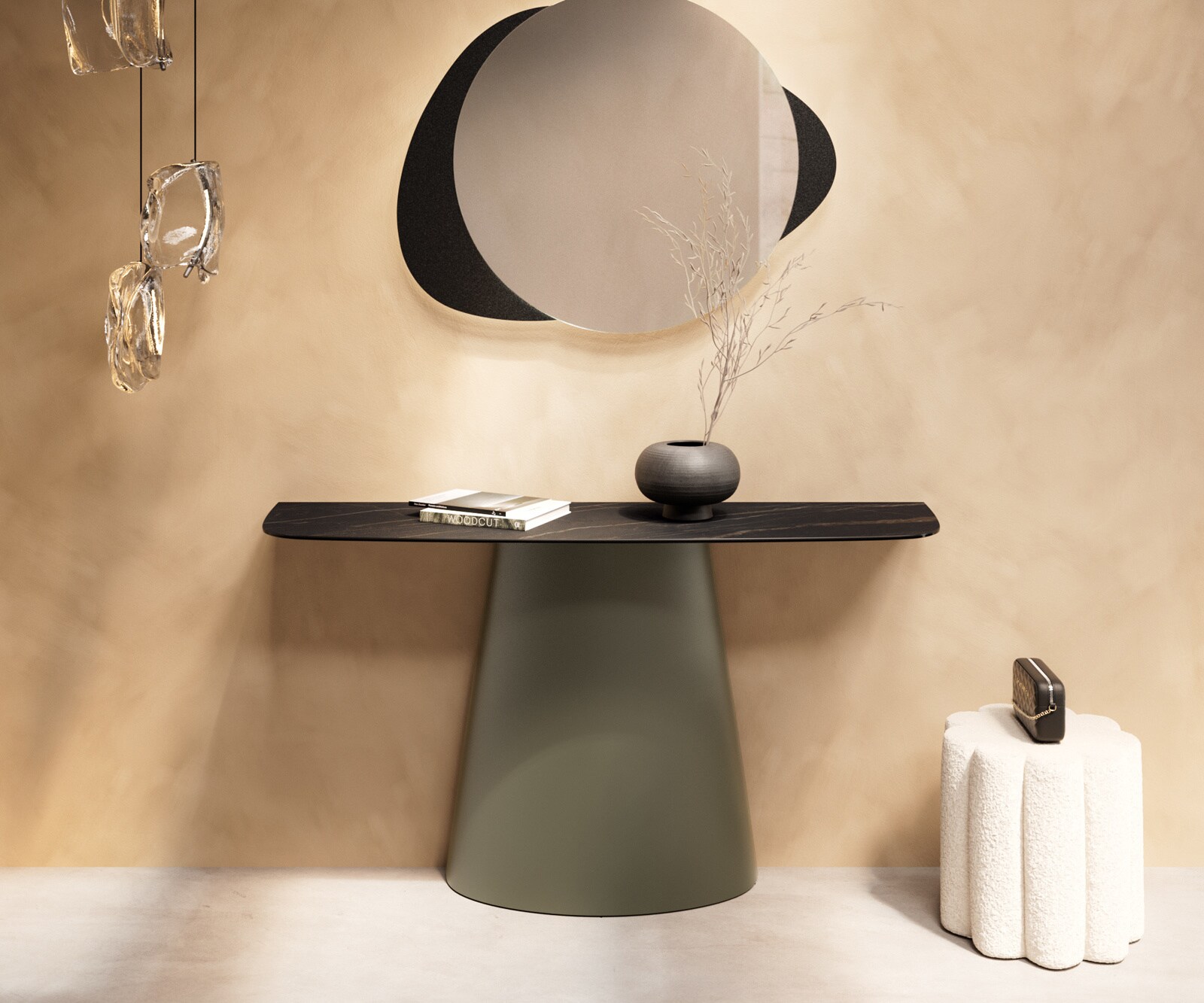 Console Edge forme bateau 140x40 cm Céramique Laminam® Noir Desir Braun Conos Métal Effektfinish Titan