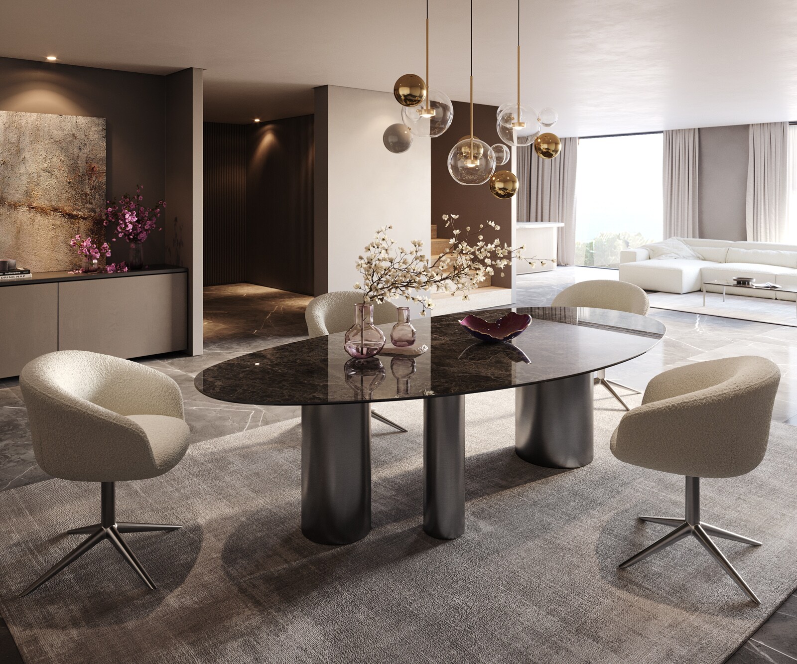 Table de salle à manger Edge Ovale Céramique Emperador Extra Lucidato Brun foncé 280x130 Troa Acier inoxydable Graphite 7