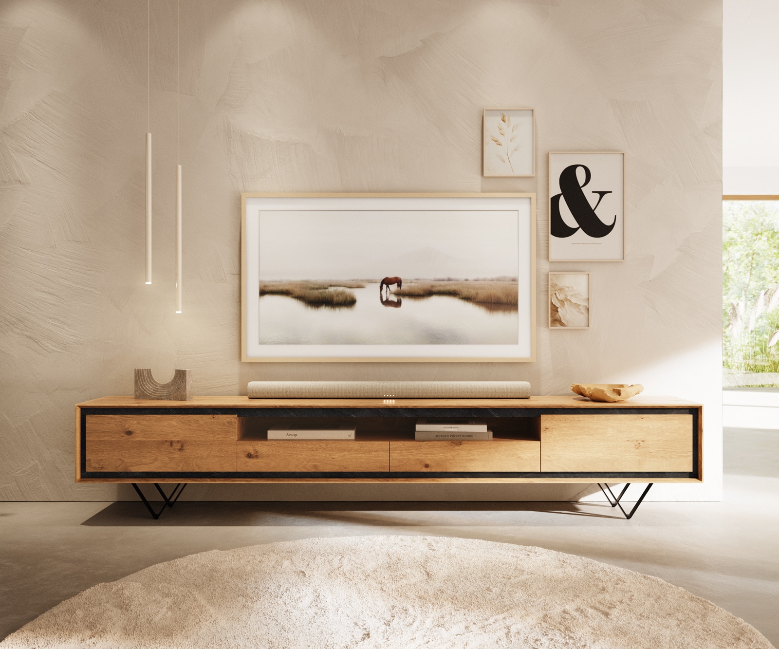 Meuble TV Stonegrace 240 cm Chêne naturel 2 portes 1 compartiment 2 tiroirs Placage pierre Pied en V métal noir 1 Meuble TV Stonegrace 240 cm Chêne naturel 2 portes 1 compartiment 2 tiroirs Placage pierre Pied en V métal noir 1