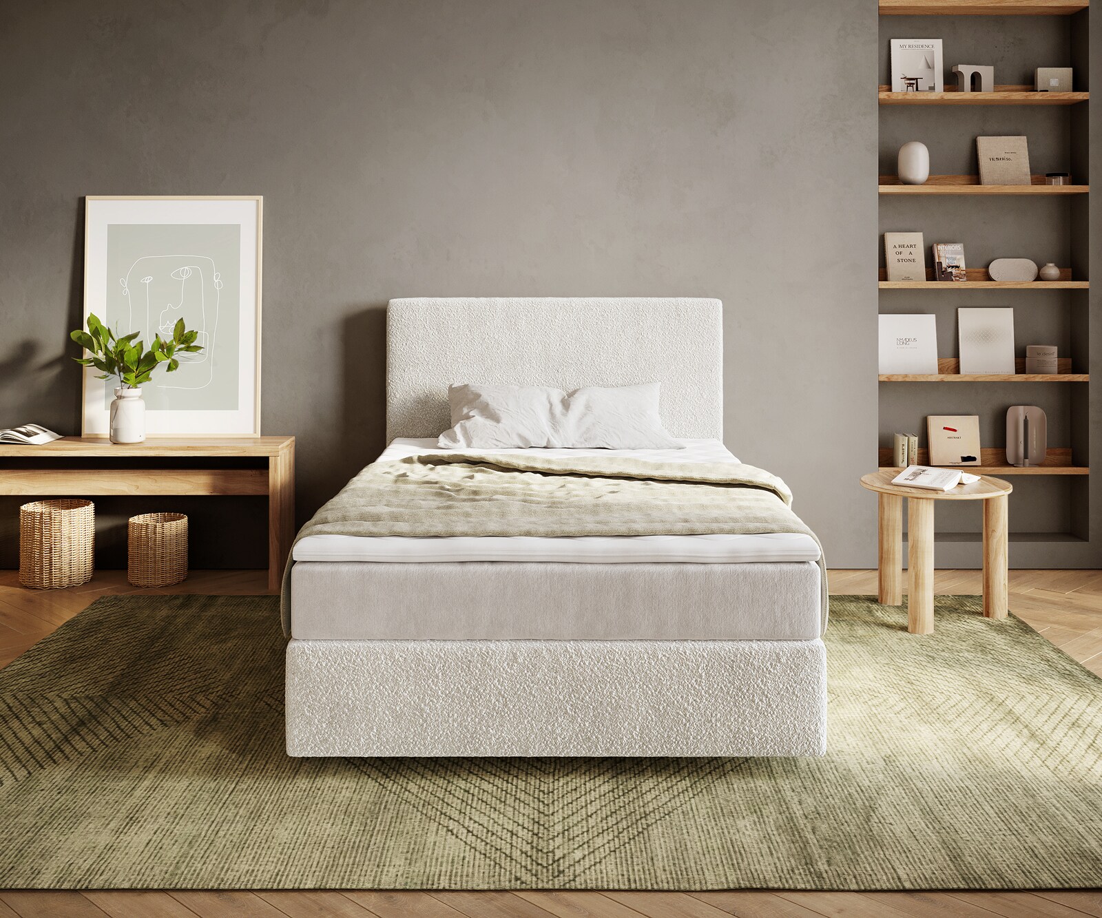 Lit-à-sommier-tapissier Dream-Well 120x200 cm Bouclé Crème-Blanc avec matelas à ressorts ensachés et surmatelas Visco 1