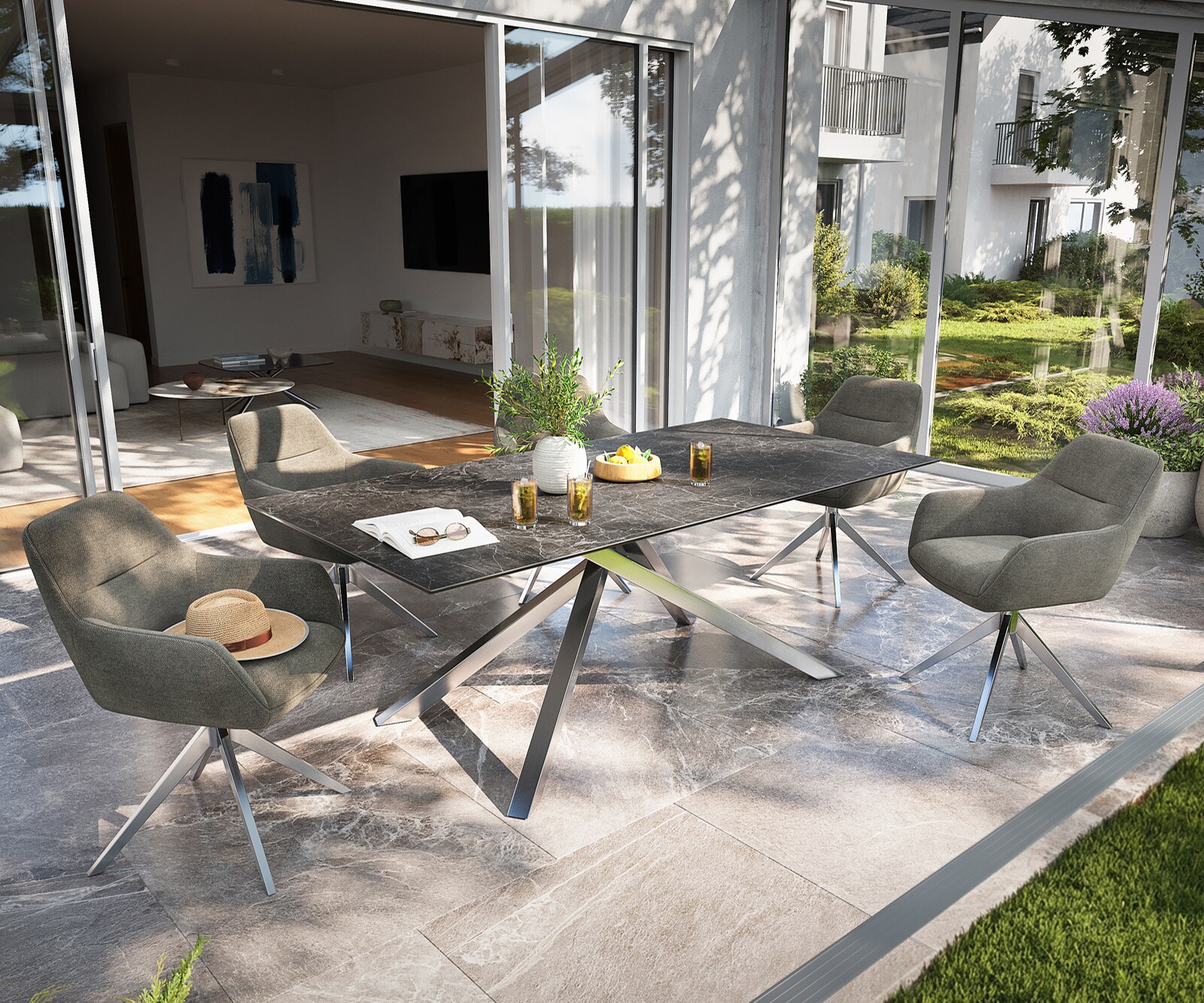 Outdoortisch Edge 200x100 cm Keramik Laminam® Nero Greco Anthrazit Kreuzgestell Rechteck Edelstahl 1