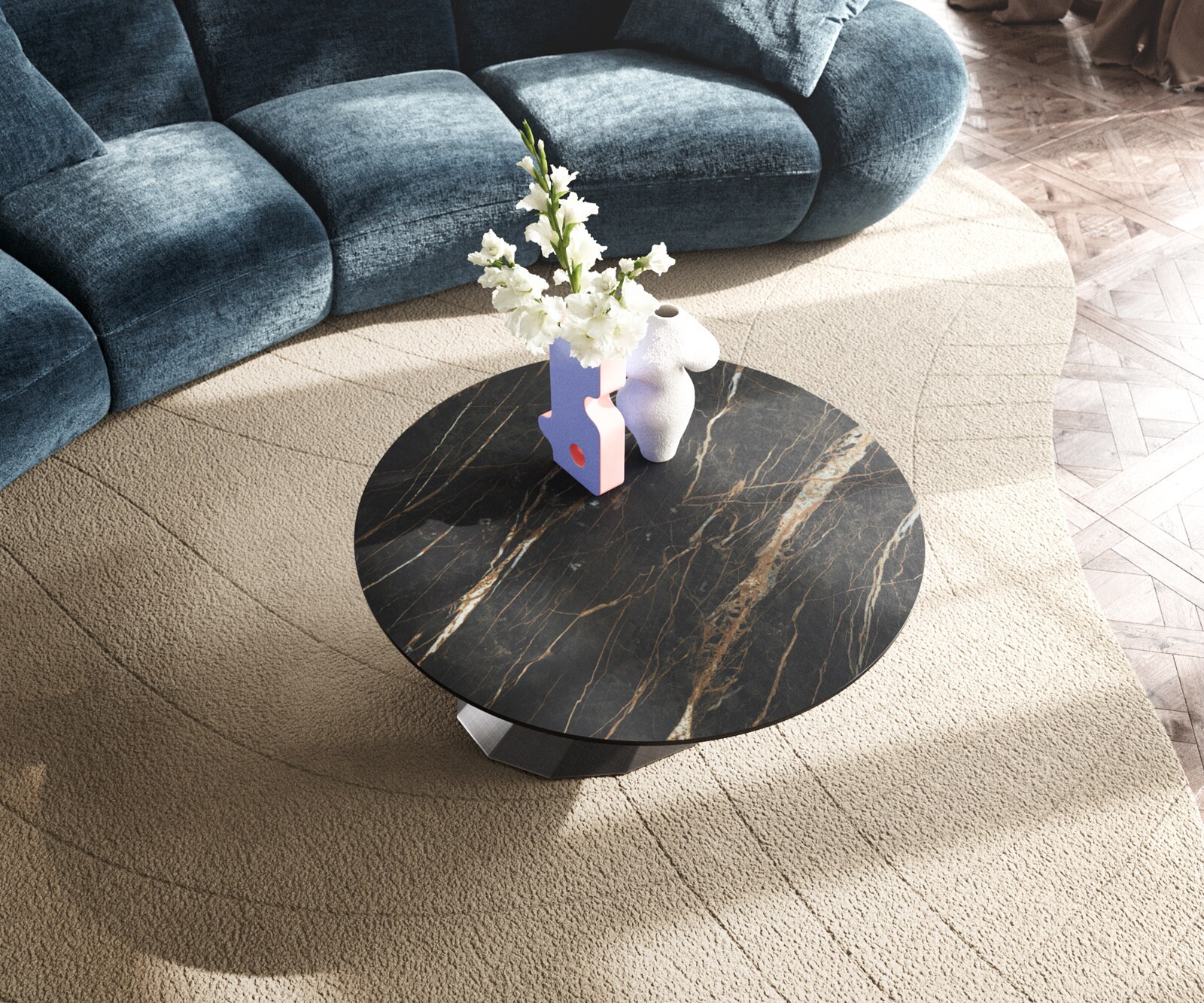 Couchtisch Edge Rund 90x90 cm Keramik Laminam® Noir Desir Braun Parabi Metallic Silber 4