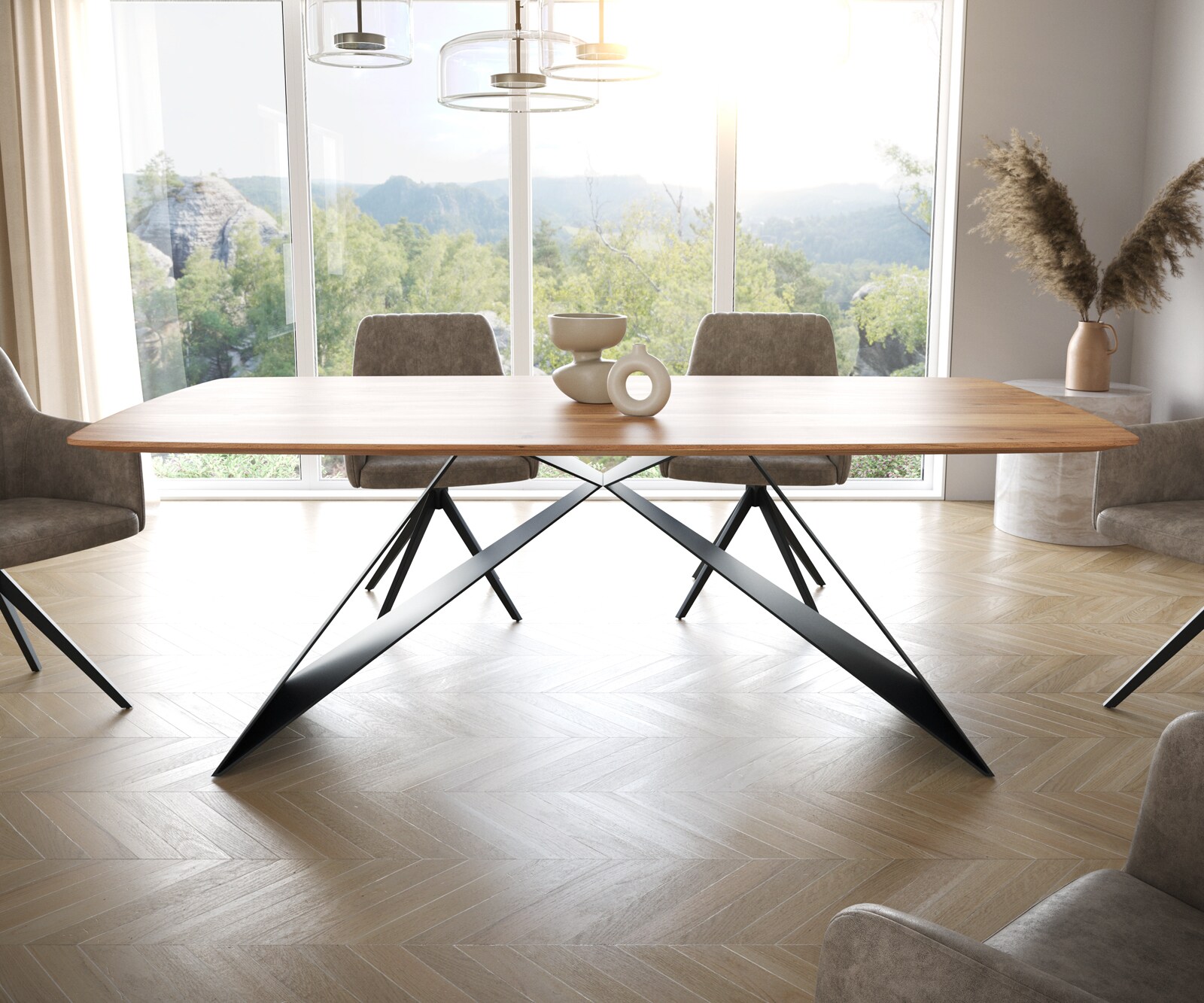 Table à manger Edge Boot 200x100 acacia nature cadre en V acier plat noir bord suisse 2