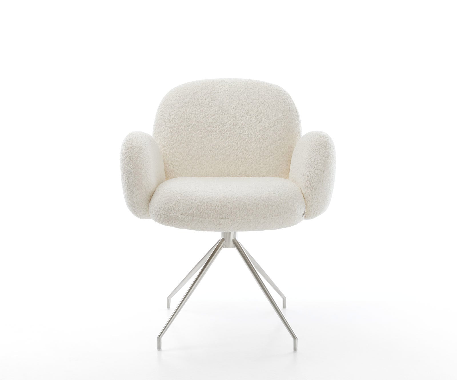 Chaise-pivotante Nube-Flex avec accoudoirs bouclé blanc pied croisé conique acier inoxydable brossé pivotement sur 180° ressorts ensachés 1 Chaise-pivotante Nube-Flex avec accoudoirs bouclé blanc pied croisé conique acier inoxydable brossé pivotement sur 180° ressorts ensachés 1