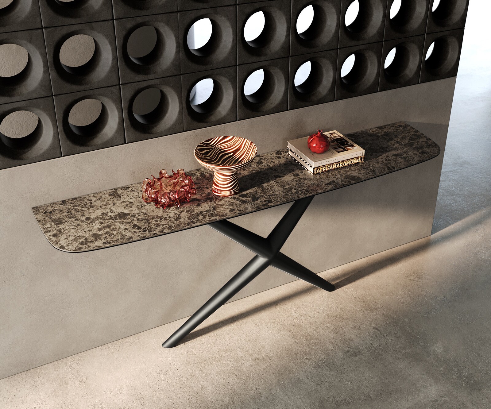 Console Edge forme bateau 180x40 cm Céramique Emperador Extra Lucidato Dunkelbraun Estelo Métal Noir 1