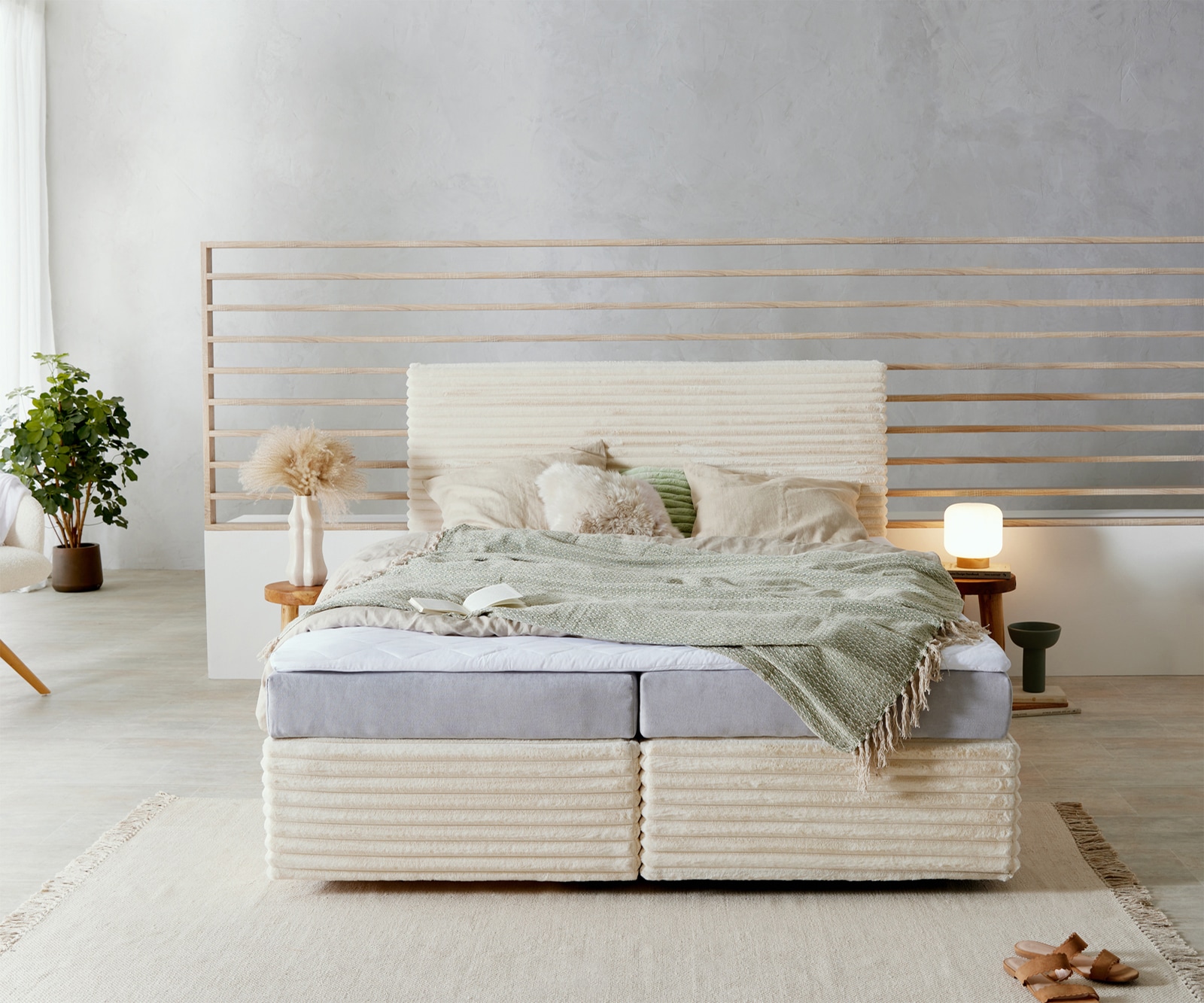 Boxspringbett Dream-Well Plüsch-Cord Beige 160x200 cm Bonell-Matratze PU-Topper 1 Boxspringbett Dream-Well Plüsch-Cord Beige 160x200 cm Bonell-Matratze PU-Topper 1