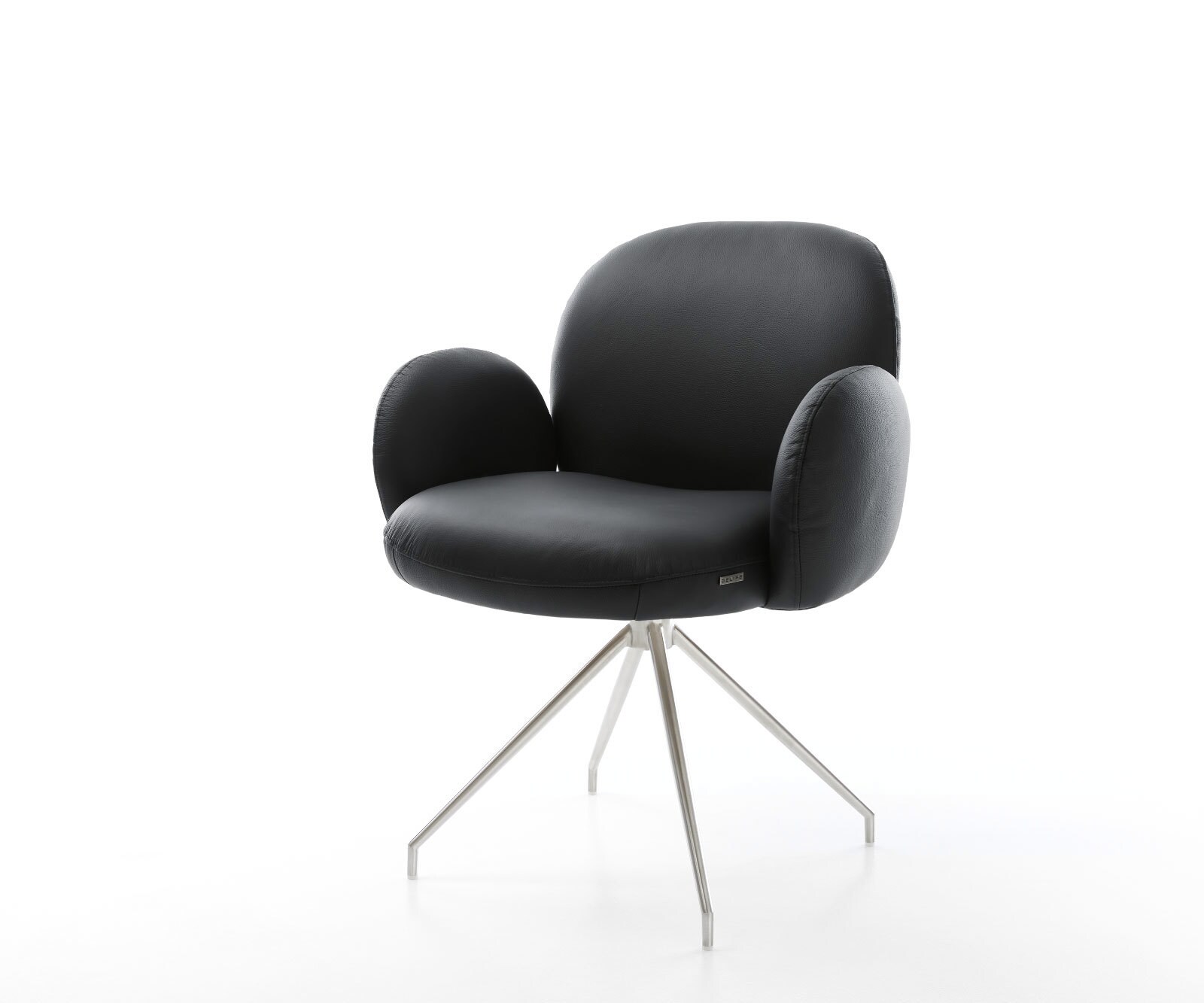 Chaise-pivotante Nube-Flex avec accoudoirs cuir de vache noir pied croisé conique acier inoxydable brossé pivotement sur 180° ressorts ensachés 1