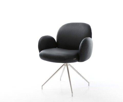 Chaise-pivotante Nube-Flex avec accoudoirs cuir de vache noir pied croisé conique acier inoxydable brossé pivotement sur 180° ressorts ensachés