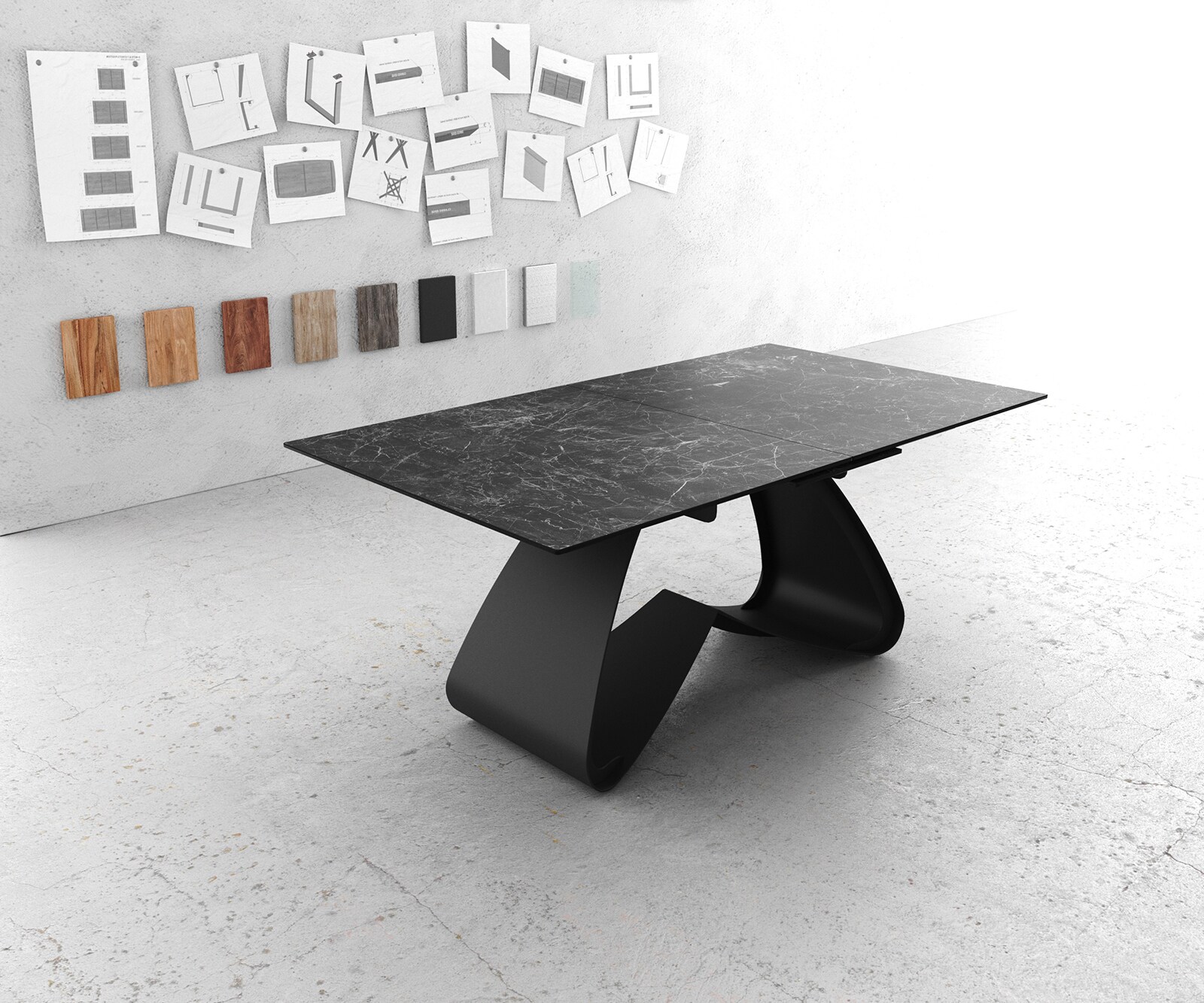 Table à manger Edge 180-220x100 céramique Laminam®Nero Greco gris cadre en W noir extensible 1