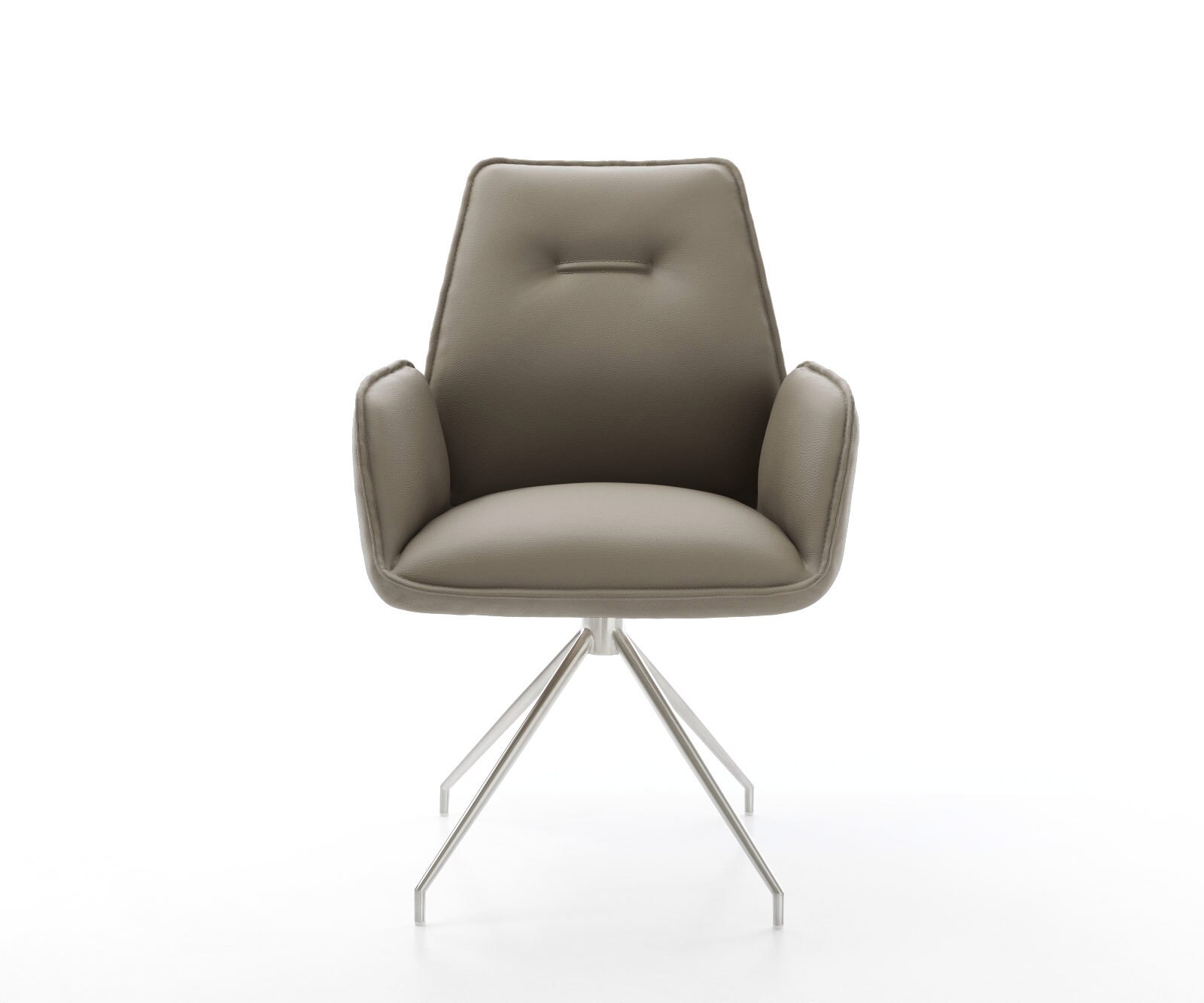 Chaise-de-salle-à-manger Zoa-Flex cuir de vache couleur boue pied croisé conique acier inoxydable brossé ressorts ensachés 1