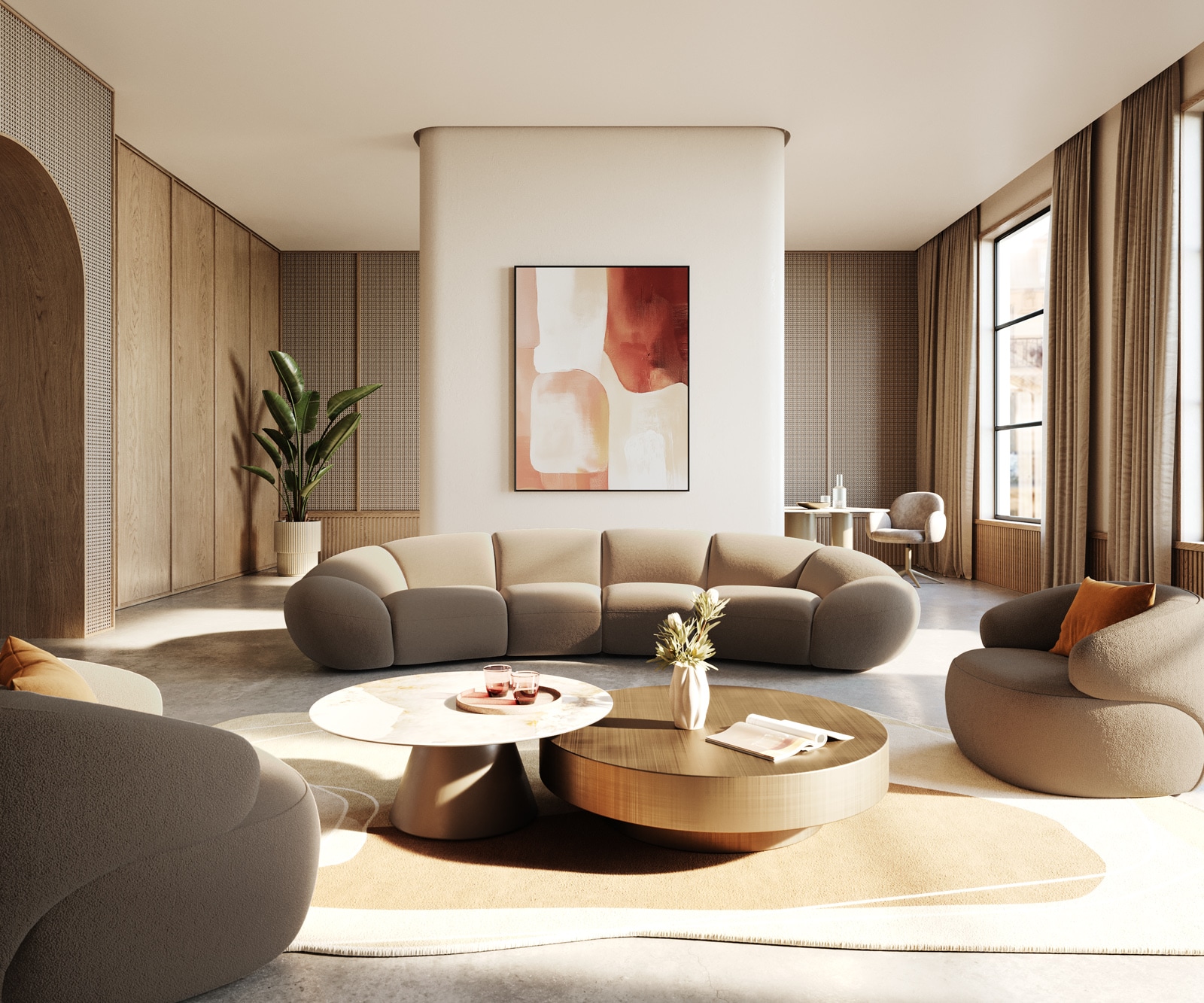 Bigsofa Lunna 360x175 cm Bouclé fin Taupe2 coussins 5 Bigsofa Lunna 360x175 cm Bouclé fin Taupe2 coussins 5