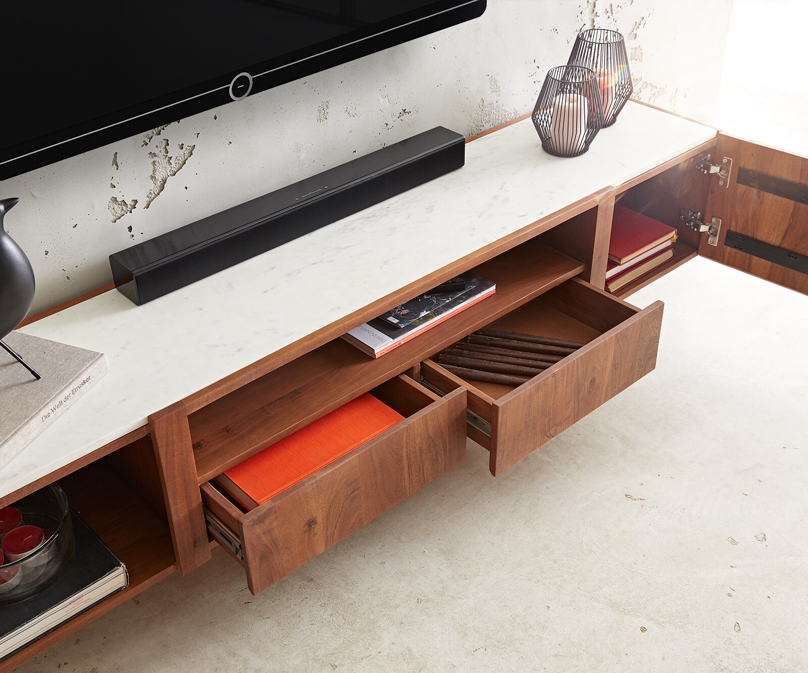 Meuble-TV Secara 200 cm acacia marron 2 portes 2 tiroirs marbre flottant 4