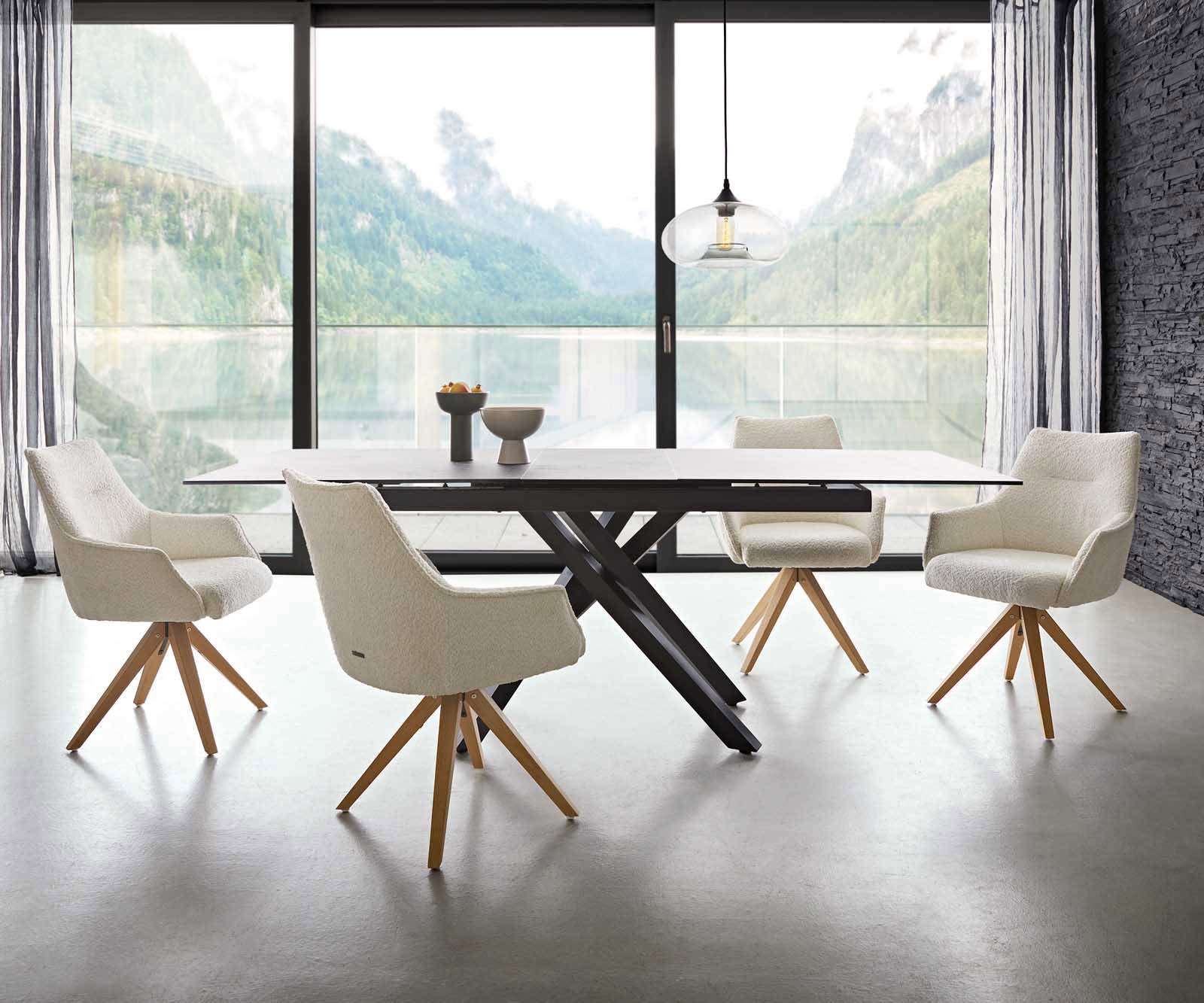 Drehstuhl Alja-Flex mit Armlehnen Bouclé Weiß Holzgestell kantig Natur 180° drehbar Taschenfederkern 5 Drehstuhl Alja-Flex mit Armlehnen Bouclé Weiß Holzgestell kantig Natur 180° drehbar Taschenfederkern 5