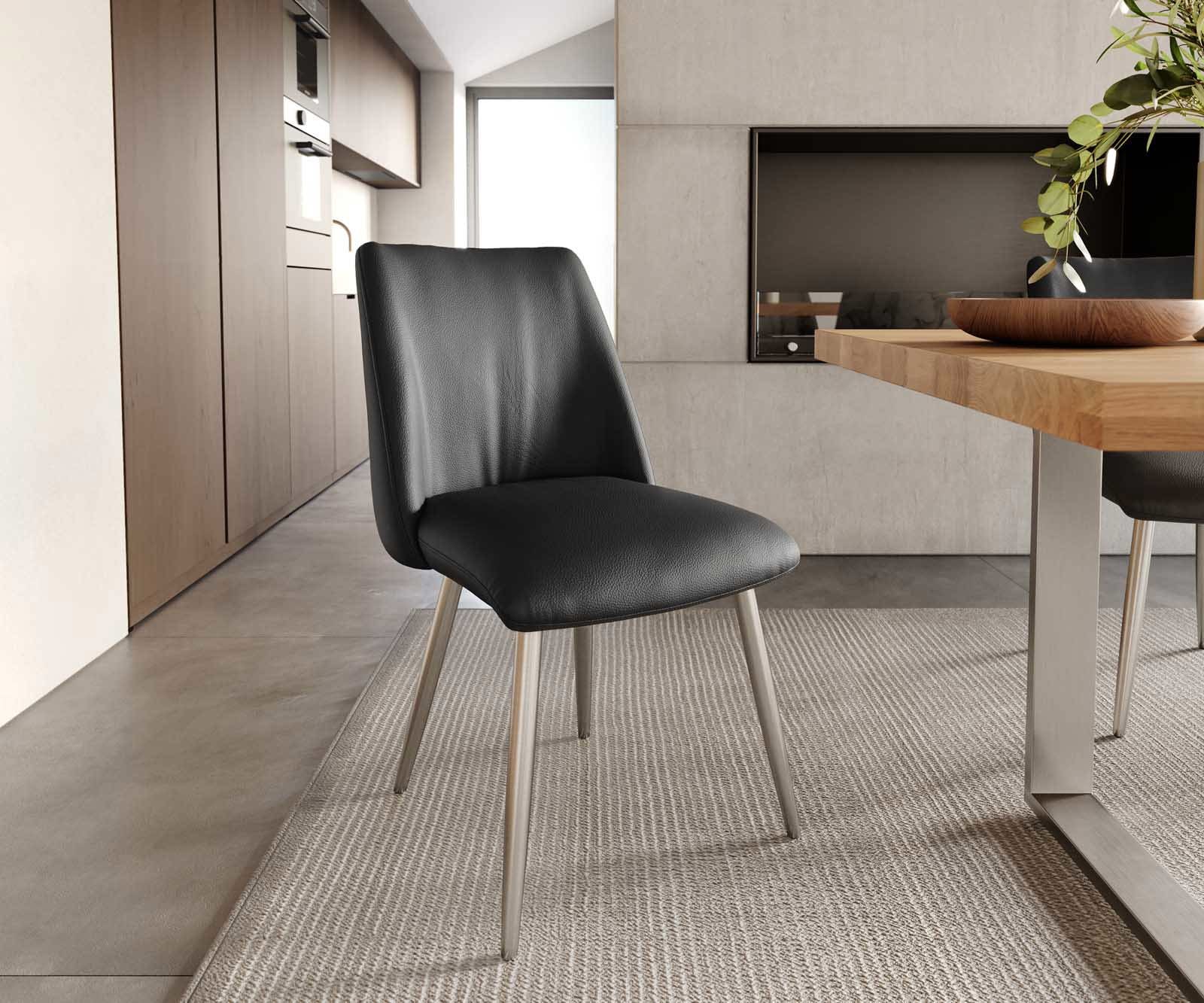 Esszimmerstuhl Elso-Flex Echt-Leder Schwarz 4-Fuß konisch Edelstahl Taschenfederkern Esszimmerstuhl Elso-Flex Echt-Leder Schwarz 4-Fuß konisch Edelstahl Taschenfederkern