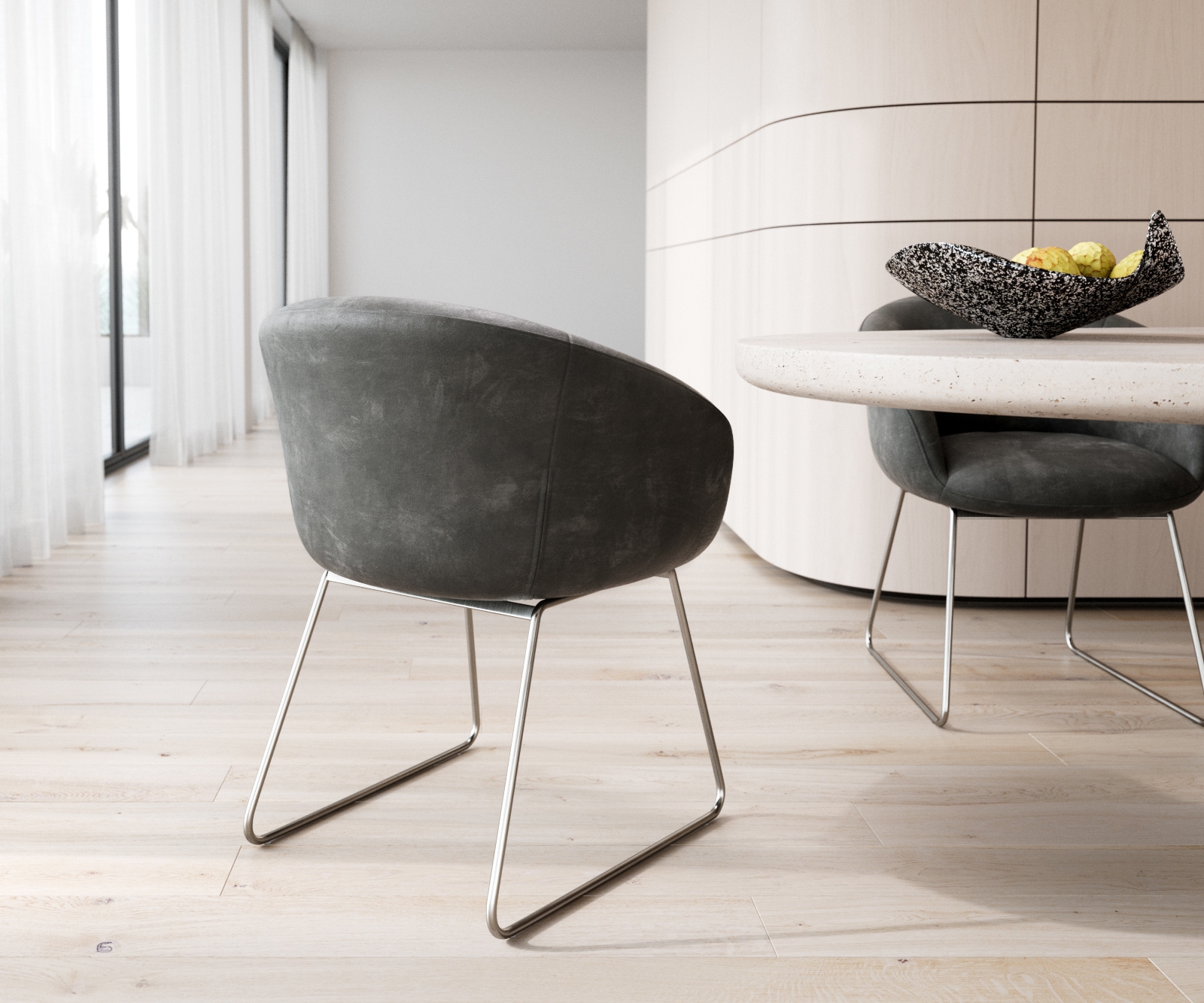 Esszimmerstuhl Vinka-Flex mit Armlehnen Mikrofaser Anthrazit Vintage Kufengestell Edelstahl Taschenfederkern 5 Esszimmerstuhl Vinka-Flex mit Armlehnen Mikrofaser Anthrazit Vintage Kufengestell Edelstahl Taschenfederkern 5