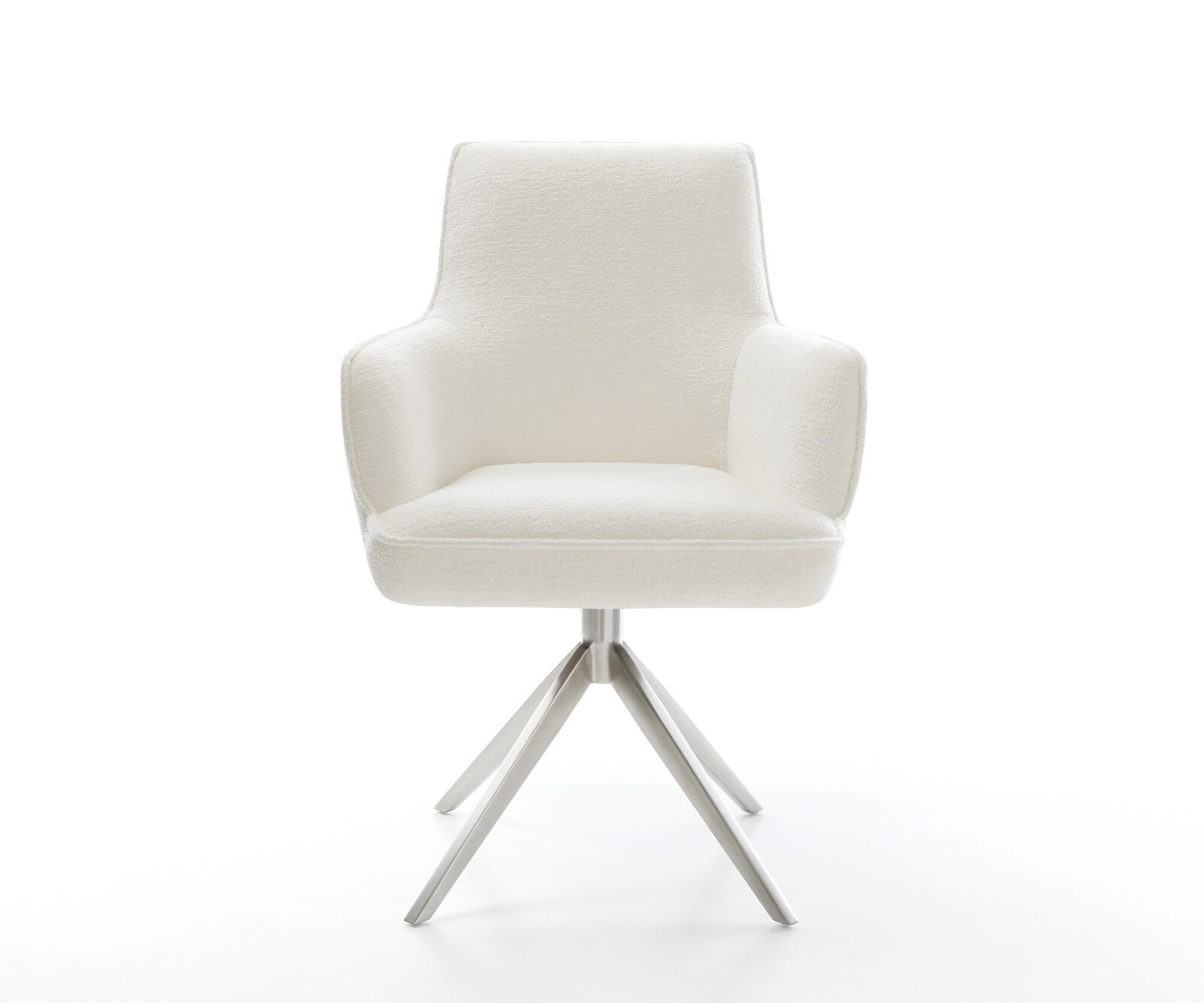 Drehstuhl Heira-Flex mit Armlehnen Bouclé Soft Beige Kreuzgestell breit Edelstahl 360° drehbar Wippfunktion Taschenfederkern 1