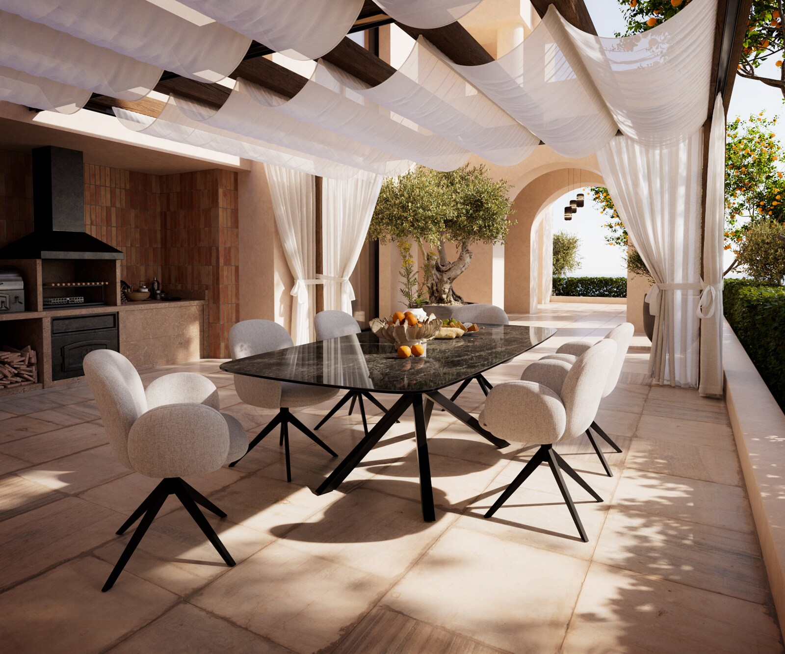 Table d’extérieur Edge Boot 240x120 cm céramique Laminam® Emperador Extra Lucidato brun foncé piètement croisé rectangulaire noir 7