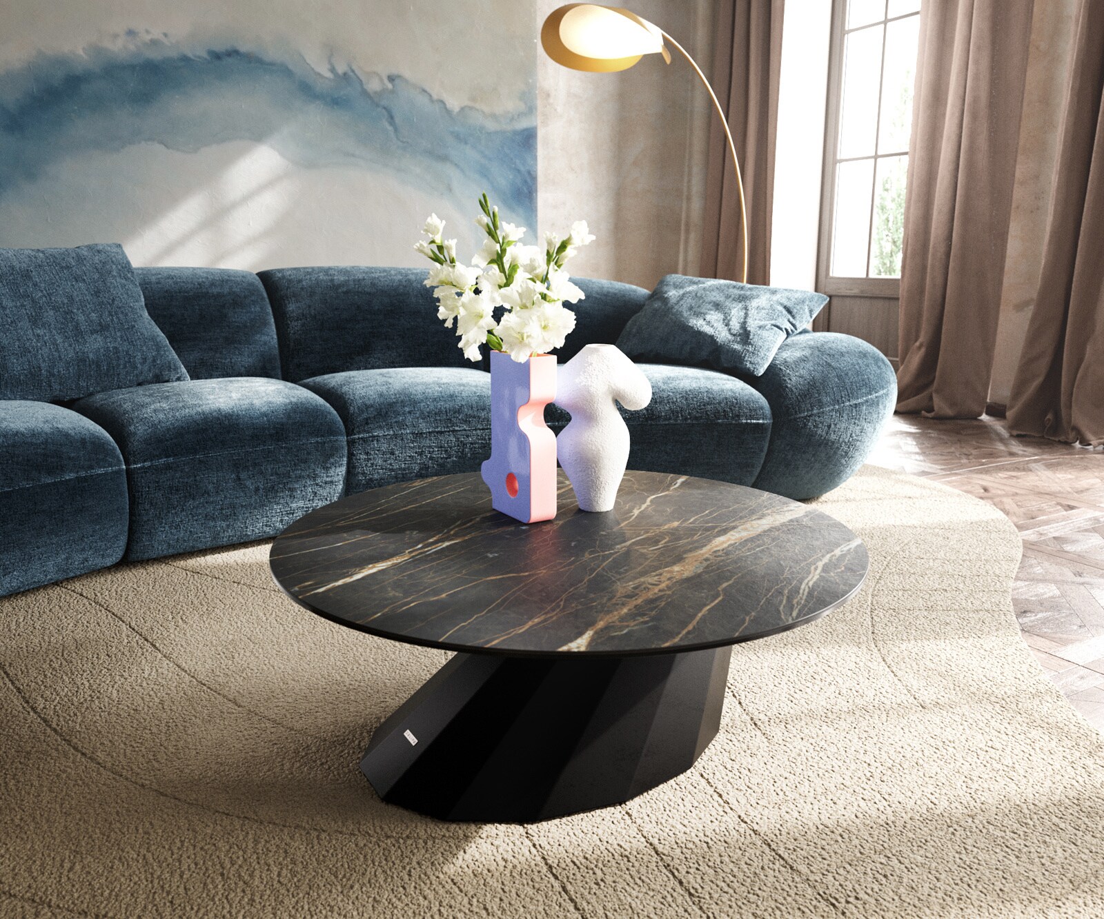 Table basse Edge rond 90x90 cm céramique Laminam® Noir Desir brun Parabi acier inoxydable brossé 3