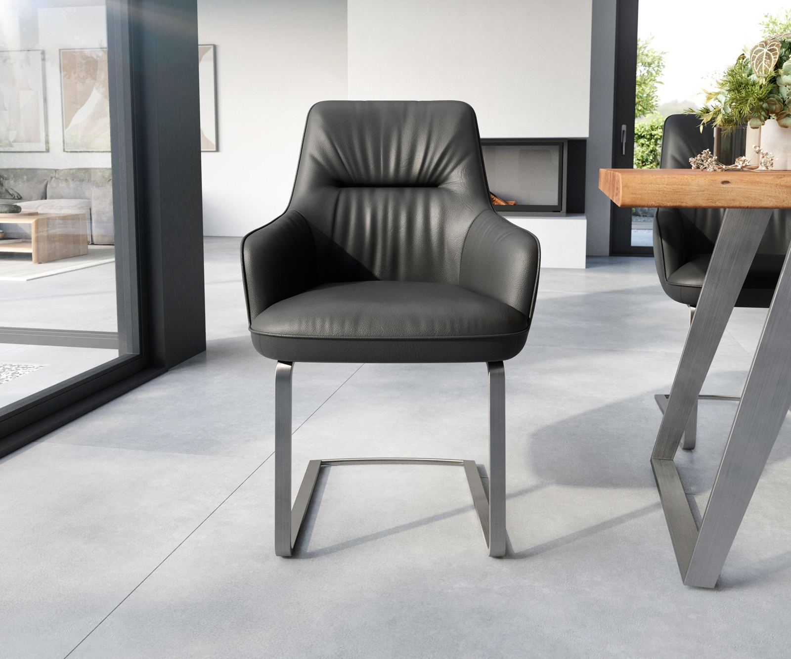 Freischwinger Zelia-Flex mit Armlehnen Echt-Leder Schwarz Freischwinger flach Edelstahl Taschenfederkern 1 Freischwinger Zelia-Flex mit Armlehnen Echt-Leder Schwarz Freischwinger flach Edelstahl Taschenfederkern 1