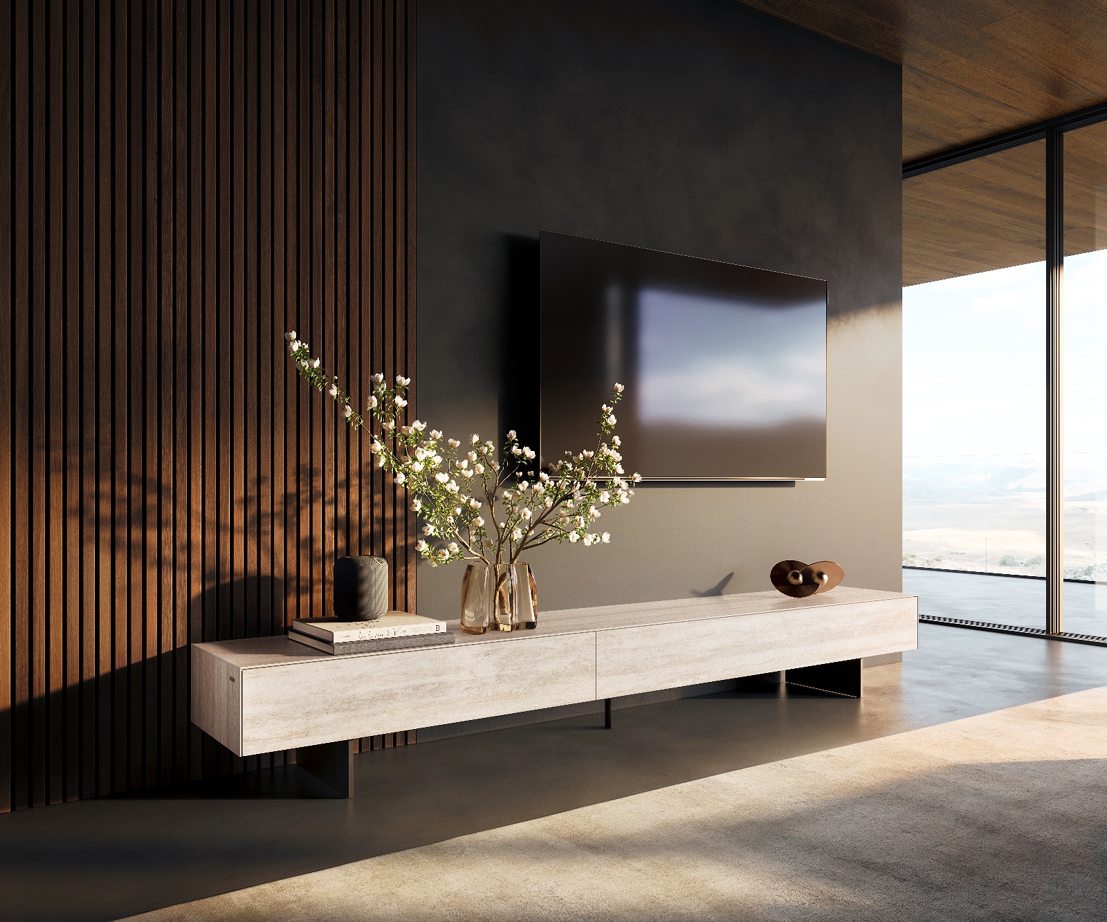 Meuble-TV Cuor 250 cm Céramique Laminam® Travertino Bianco Crème-blanc 1 Clapet 1 Tiroir Pied optique flottant Métal Noir 1