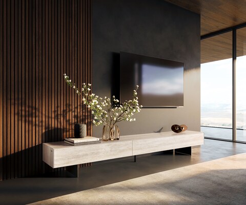 Meuble-TV Cuor 250 cm Céramique Laminam® Travertino Bianco Crème-blanc 1 Clapet 1 Tiroir Pied optique flottant Métal Noir