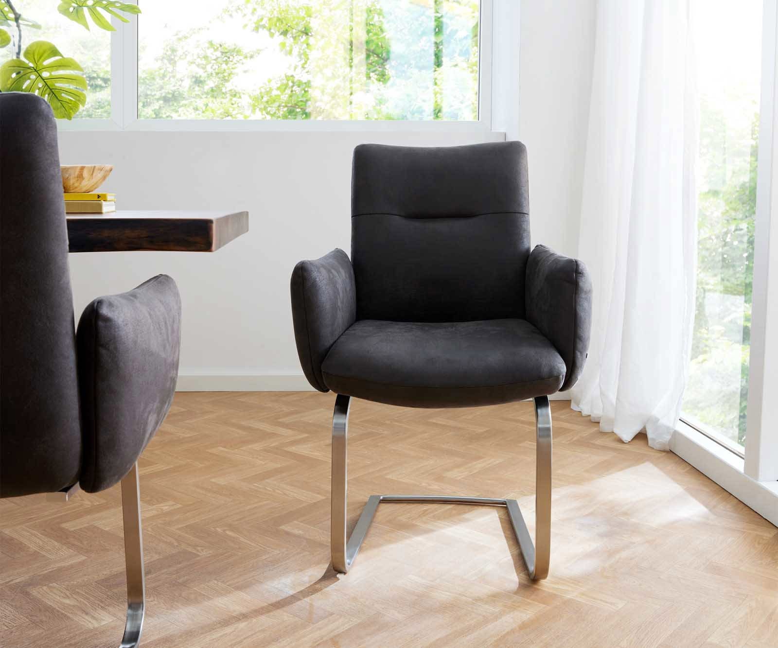 Cantilever Jova-Flex avec accoudoirs microvelours anthracite vintage pied cantilever plat acier inoxydable brossé ressorts ensachés 2 Cantilever Jova-Flex avec accoudoirs microvelours anthracite vintage pied cantilever plat acier inoxydable brossé ressorts ensachés 2