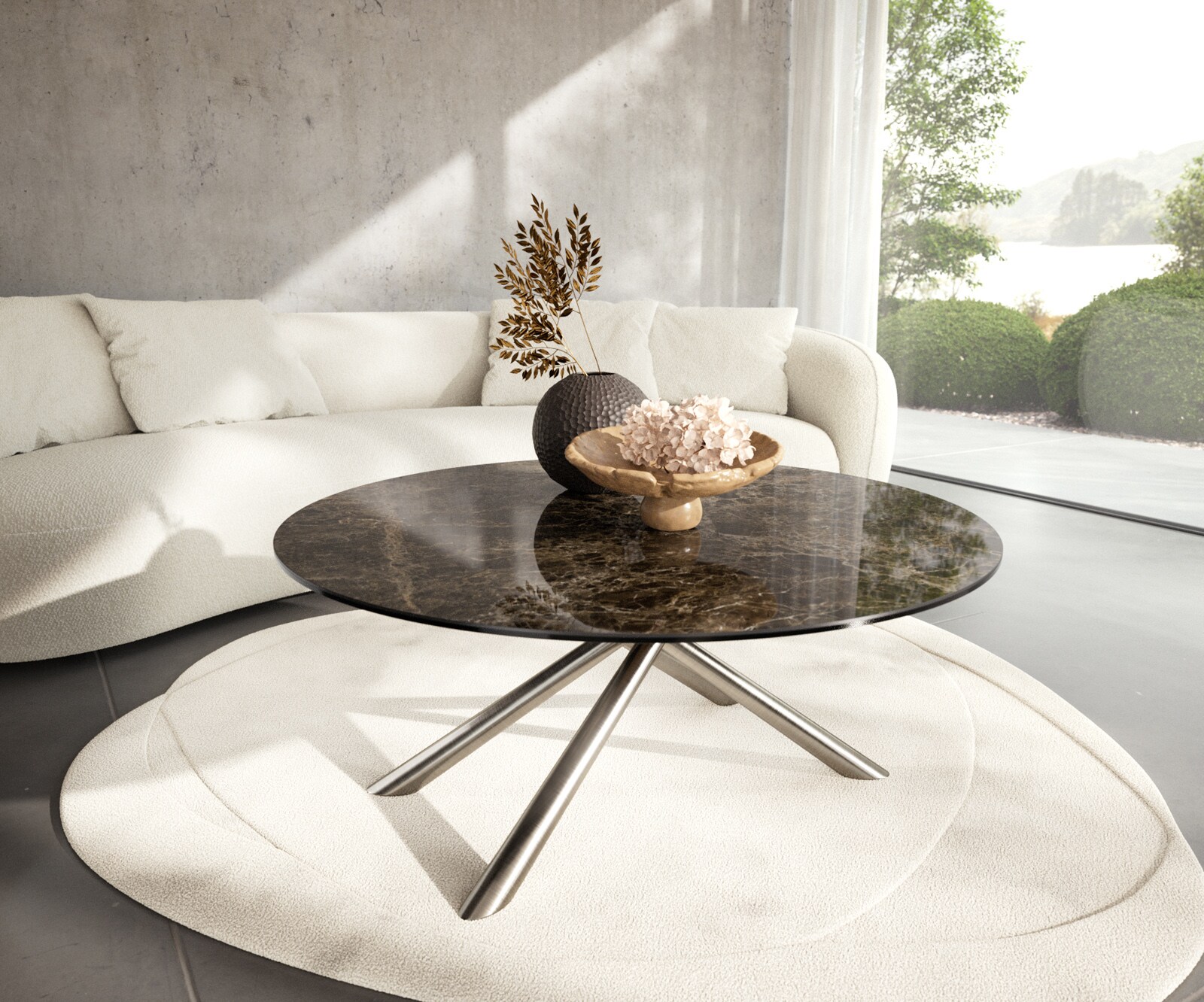 Table basse Edge rond 100x100 cm céramique Laminam® Emperador Extra Lucidato brun foncé Sarity acier inoxydable brossé 1